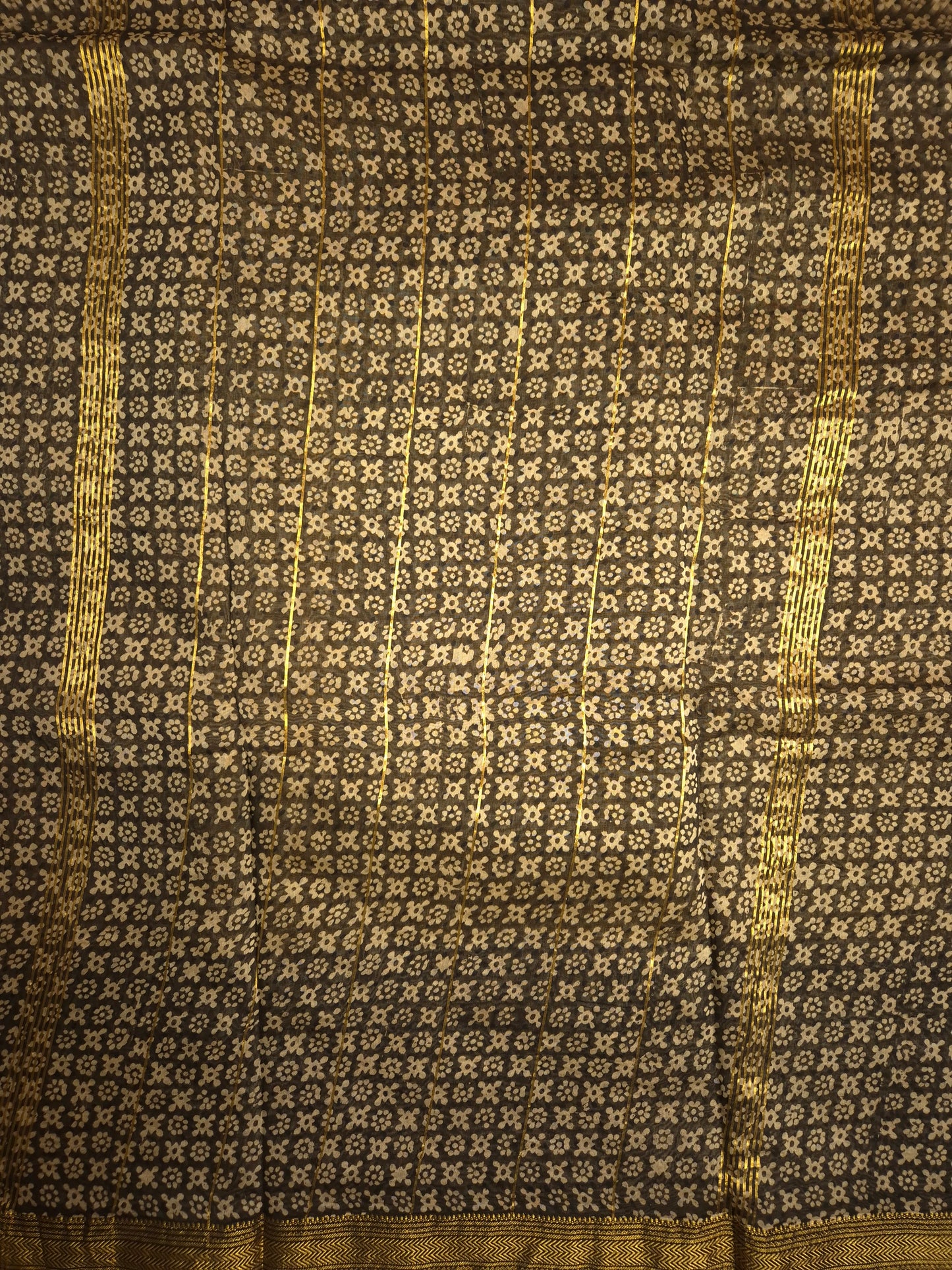 Yellow Ajrakh Printed Silk Saree with Intricate Design on Black Border with Golden Zari