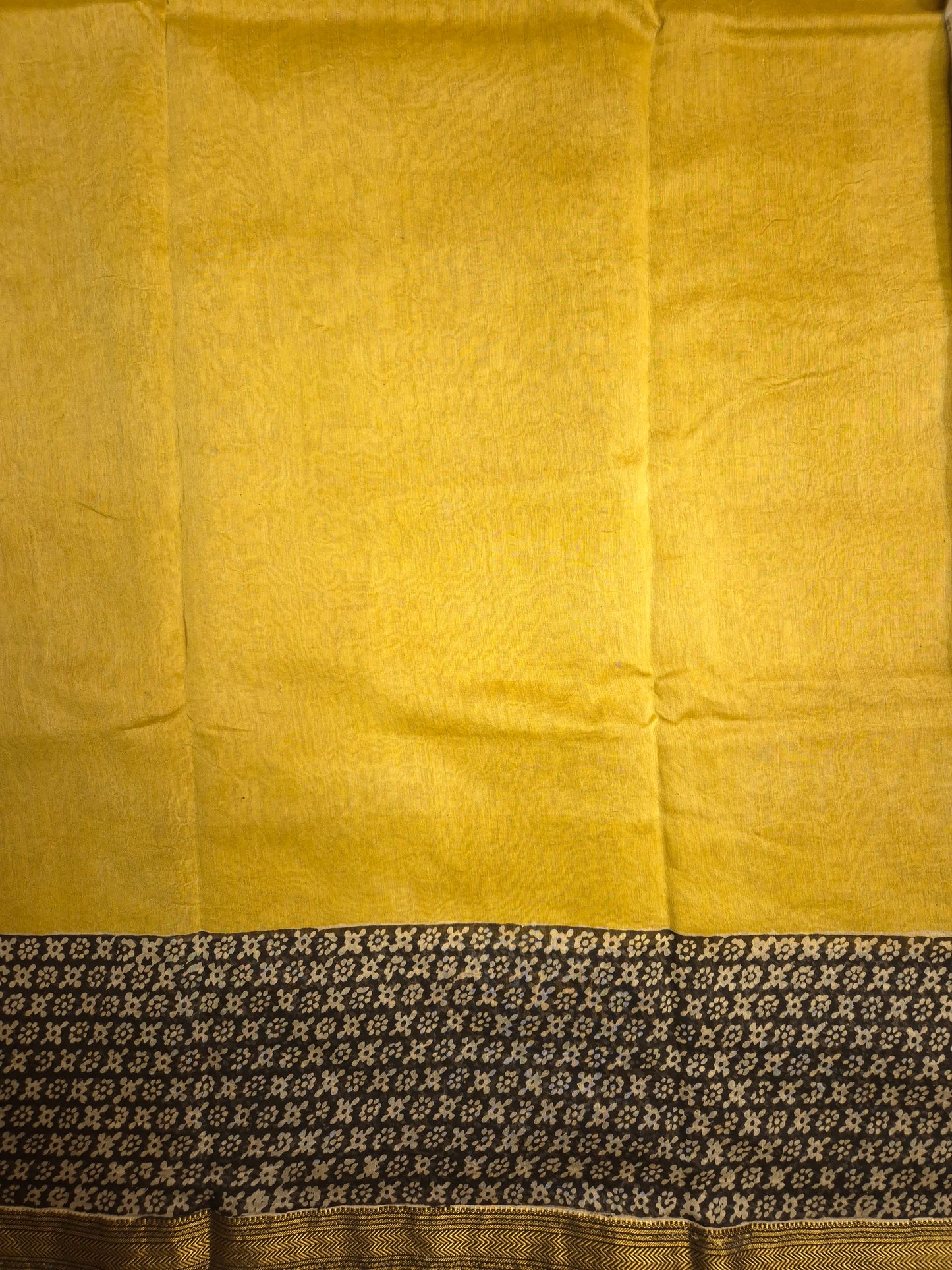 Yellow Ajrakh Printed Silk Saree with Intricate Design on Black Border with Golden Zari