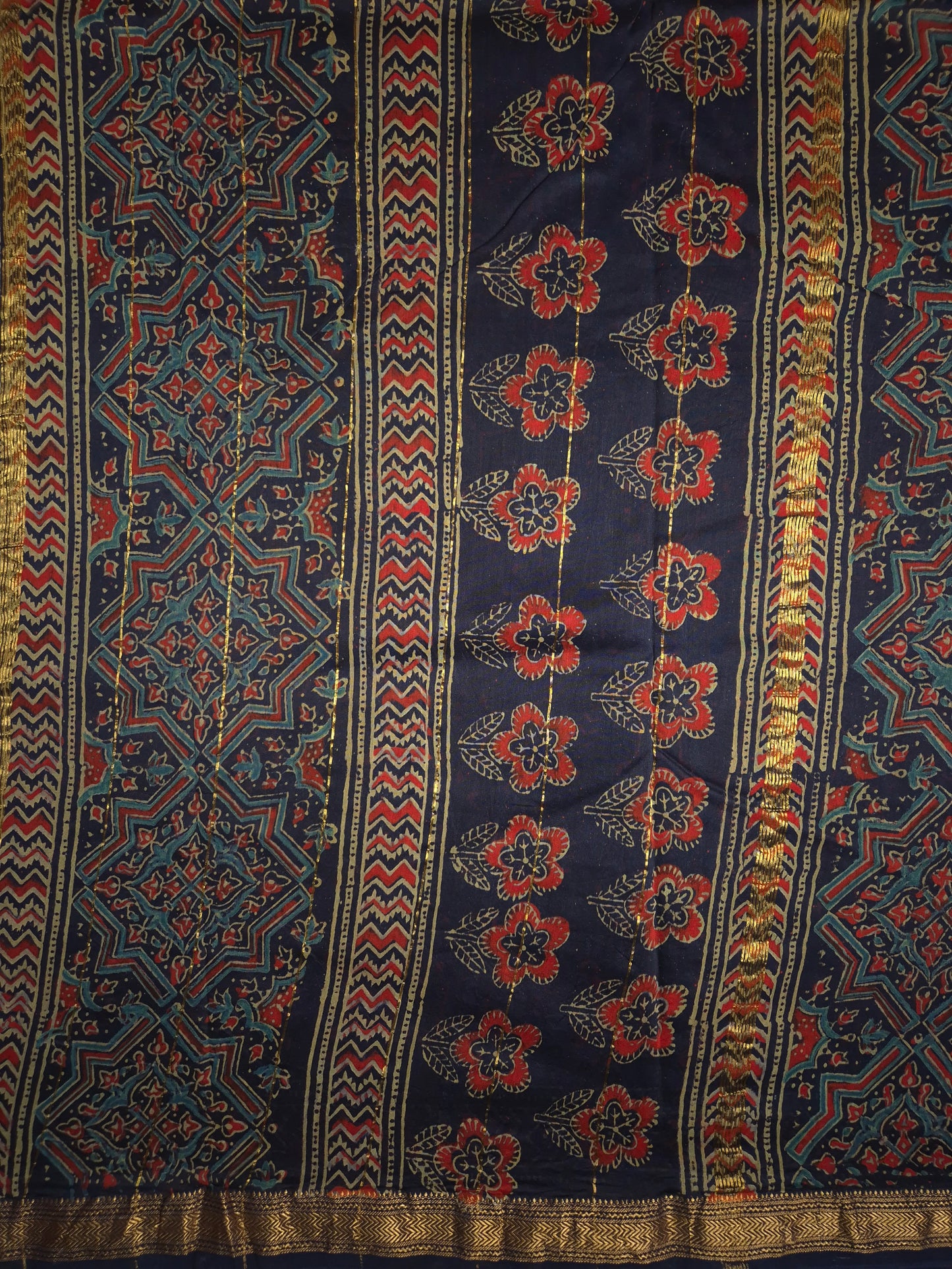 Navy Blue Ajrakh Printed Silk Saree with Intricate Design and Checkered Broad Border with Golden Zari