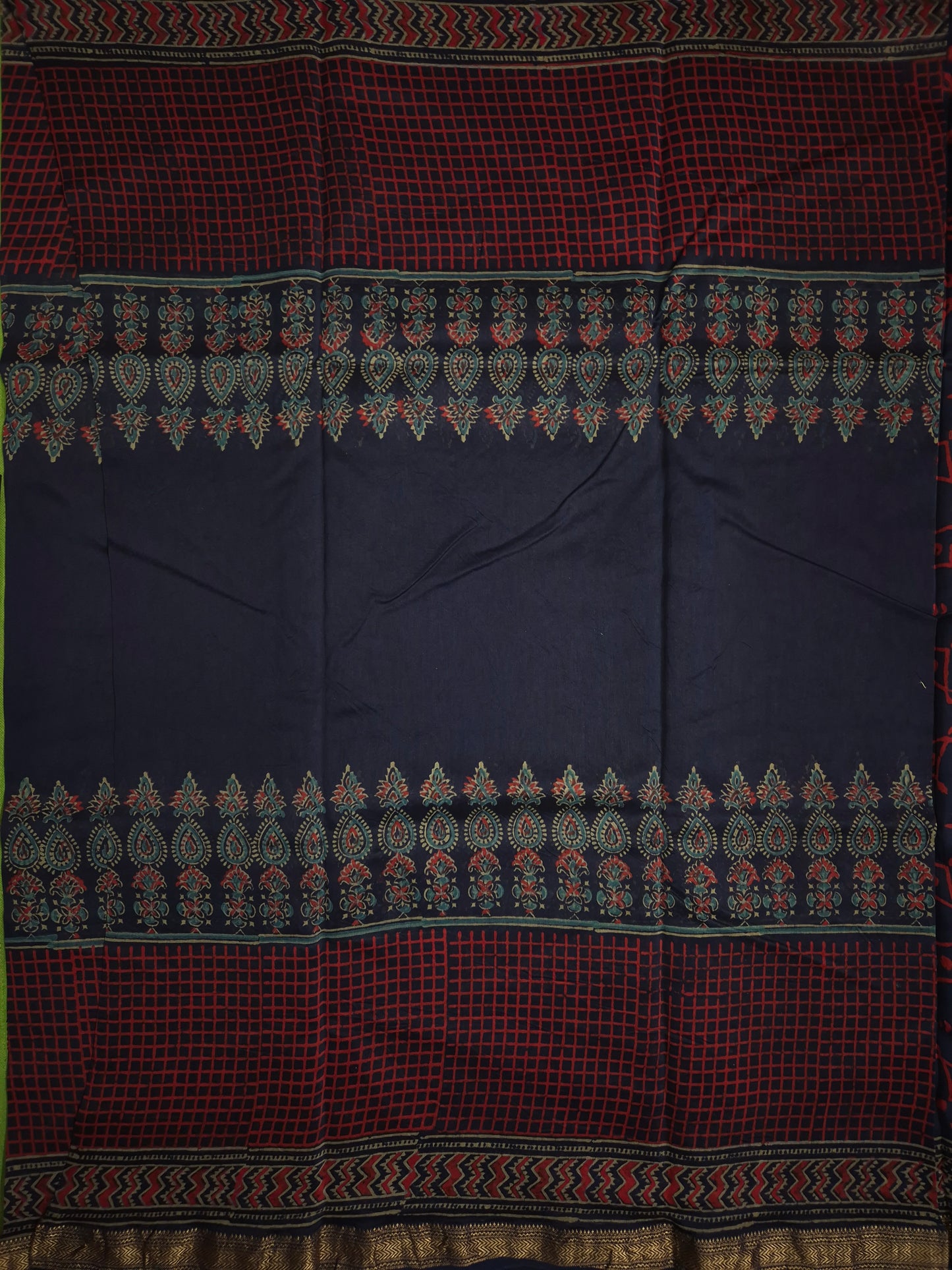 Navy Blue Ajrakh Printed Silk Saree with Intricate Design and Checkered Broad Border with Golden Zari