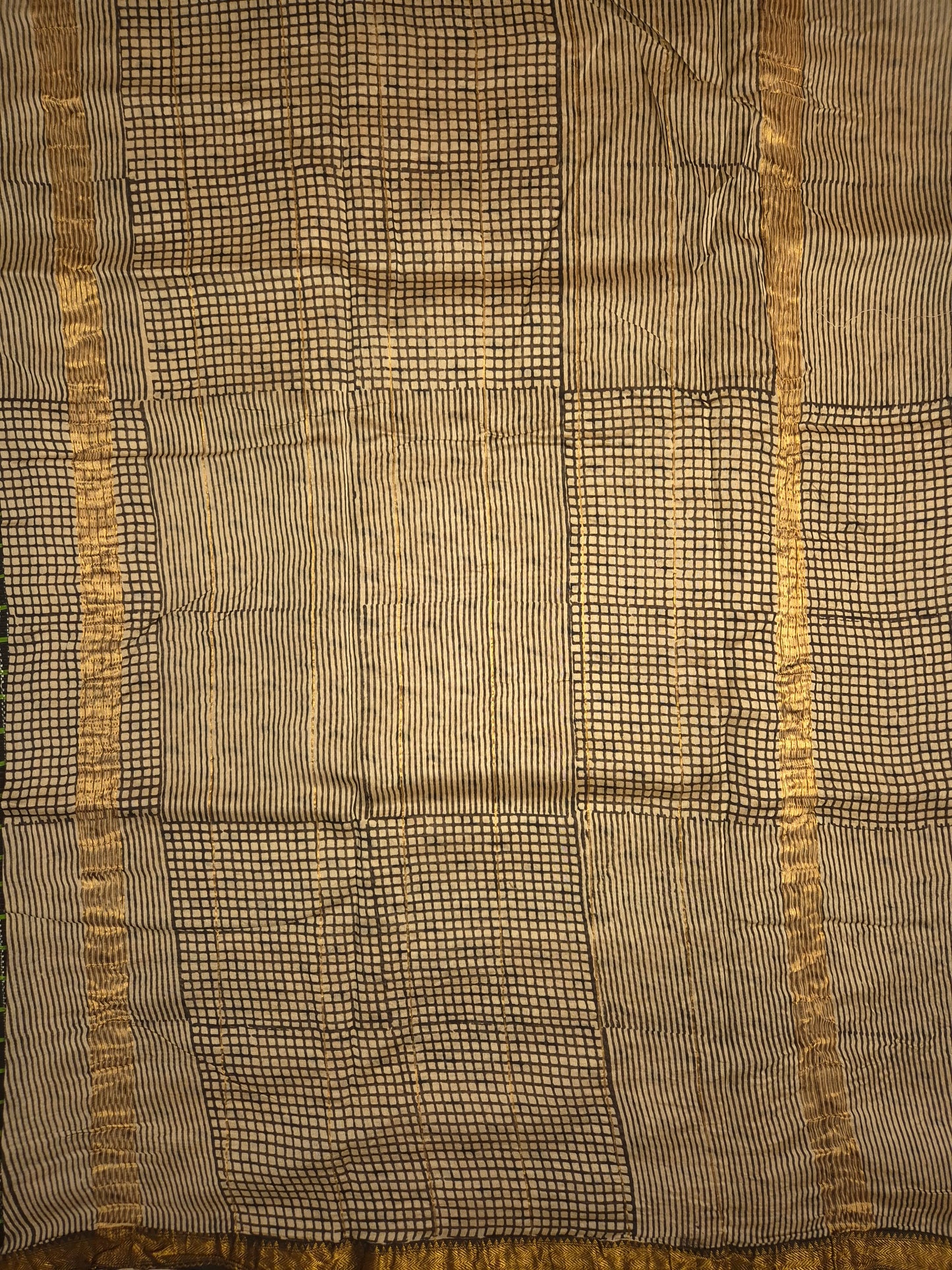 Ajrakh Printed Silk Saree with Polka Dot and Striped pattern allover with Golden Zari Border