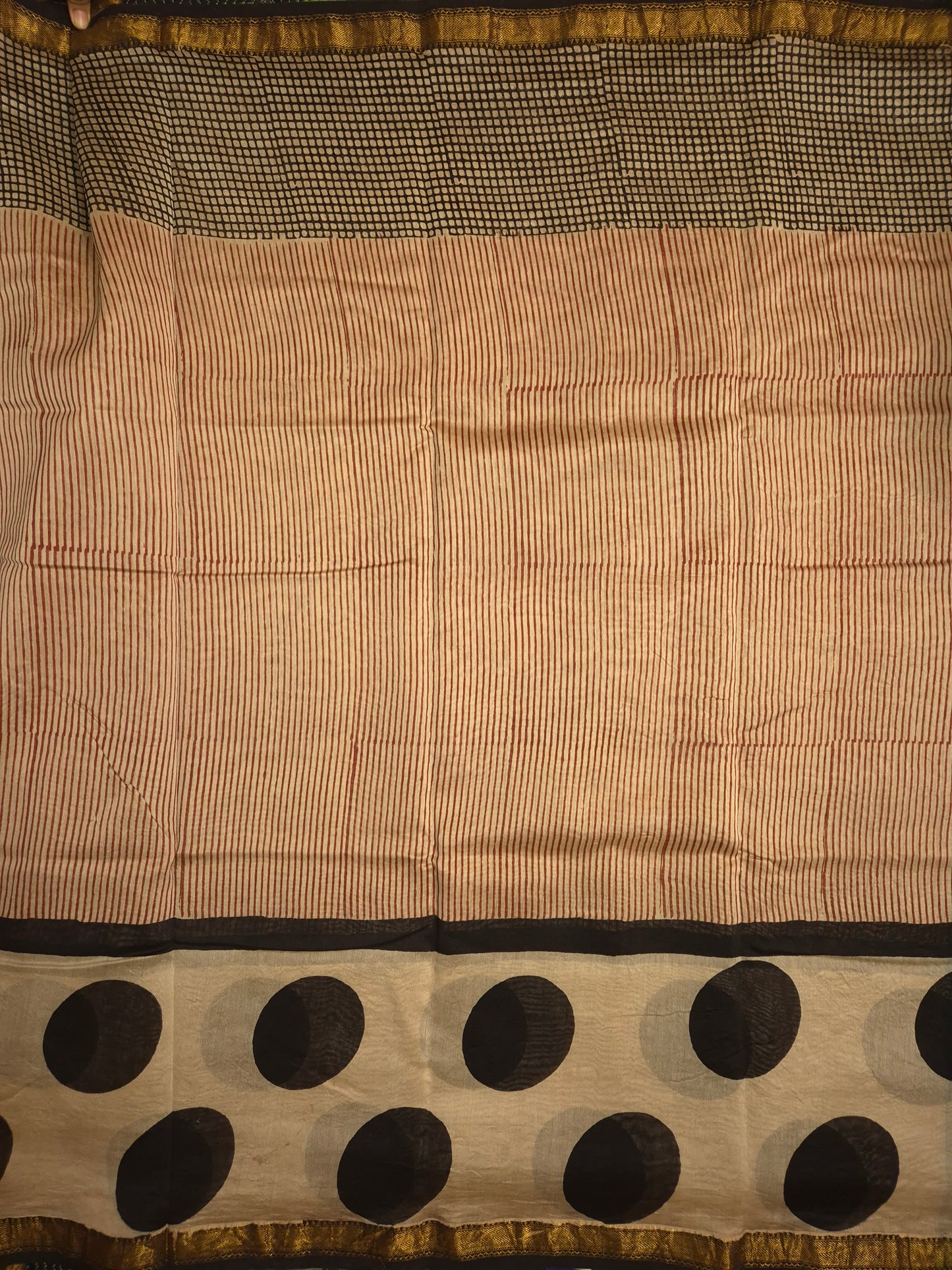 Ajrakh Printed Silk Saree with Polka Dot and Striped pattern allover with Golden Zari Border