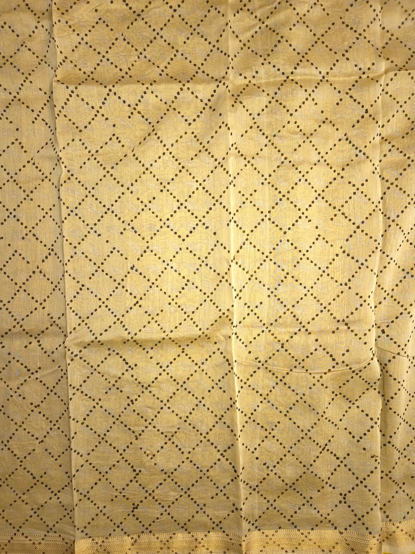 Ajrakh Printed Silk Saree with Striped Pattern and broad Yellow leaves print with Golden Zari Border