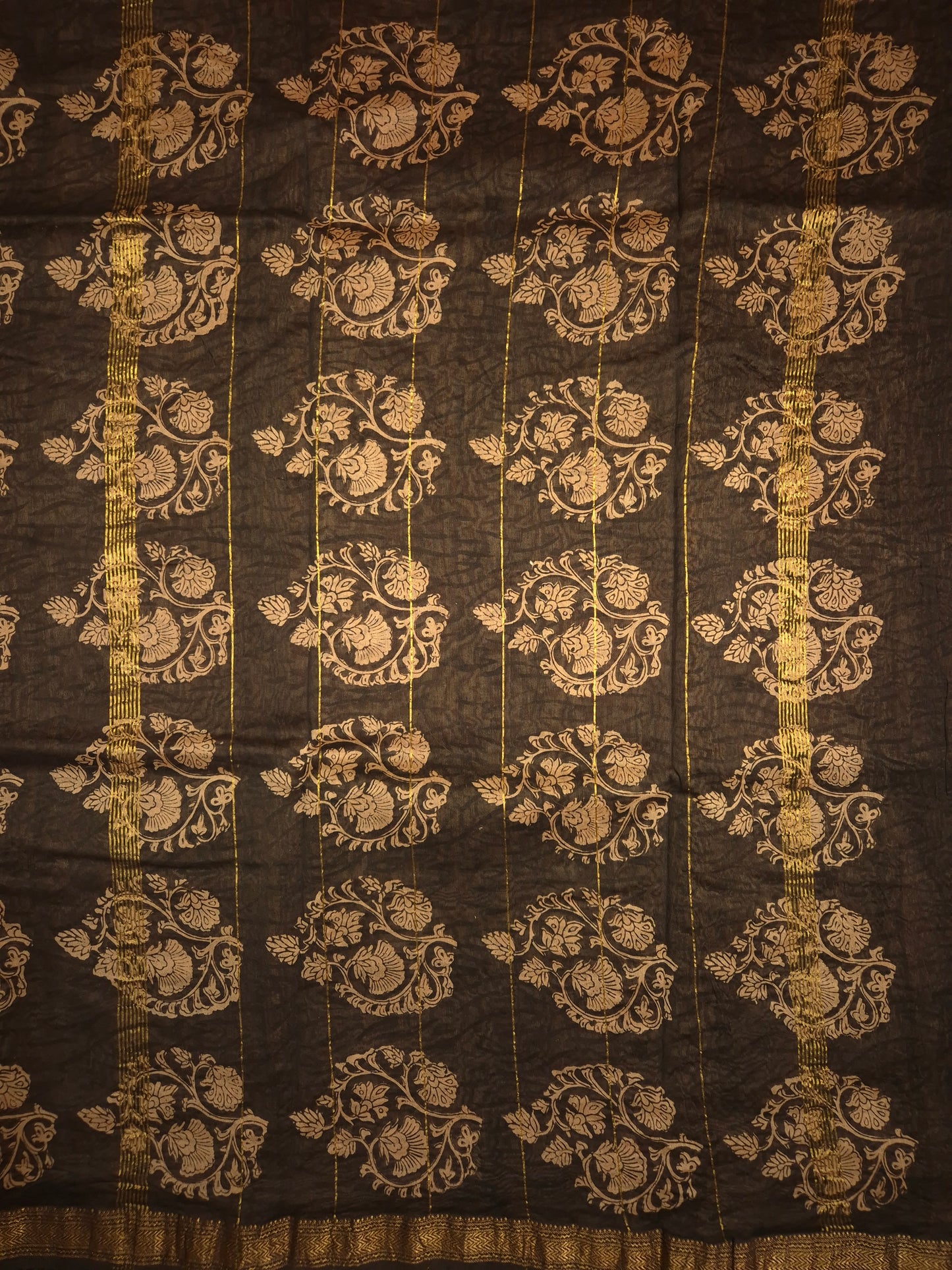Rust Orange Ajrakh Printed Silk Saree with Intricate Design on Broad Black Border and Golden Zari