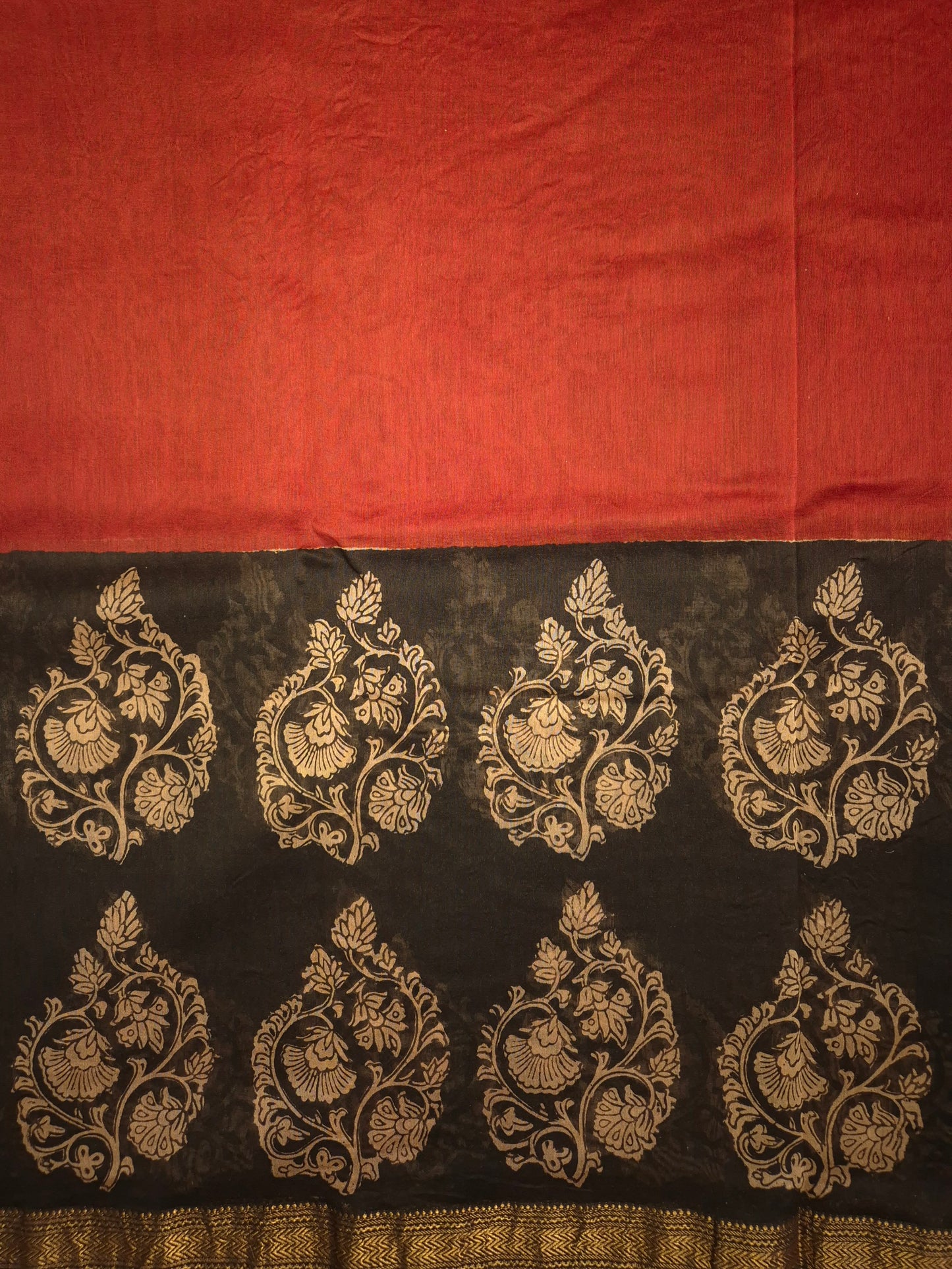 Rust Orange Ajrakh Printed Silk Saree with Intricate Design on Broad Black Border and Golden Zari