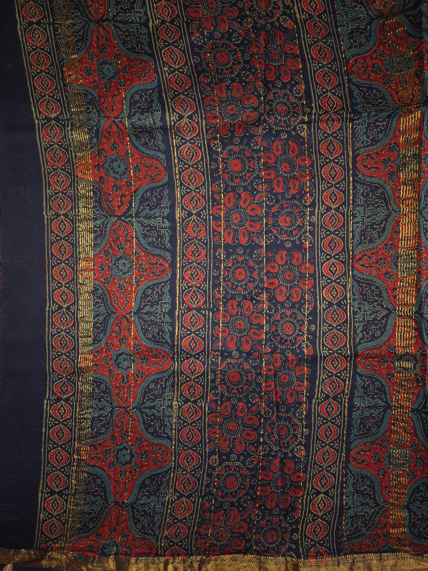 Navy Blue Ajrakh Printed Silk Saree with all-over Intricate Design with Golden Zari
