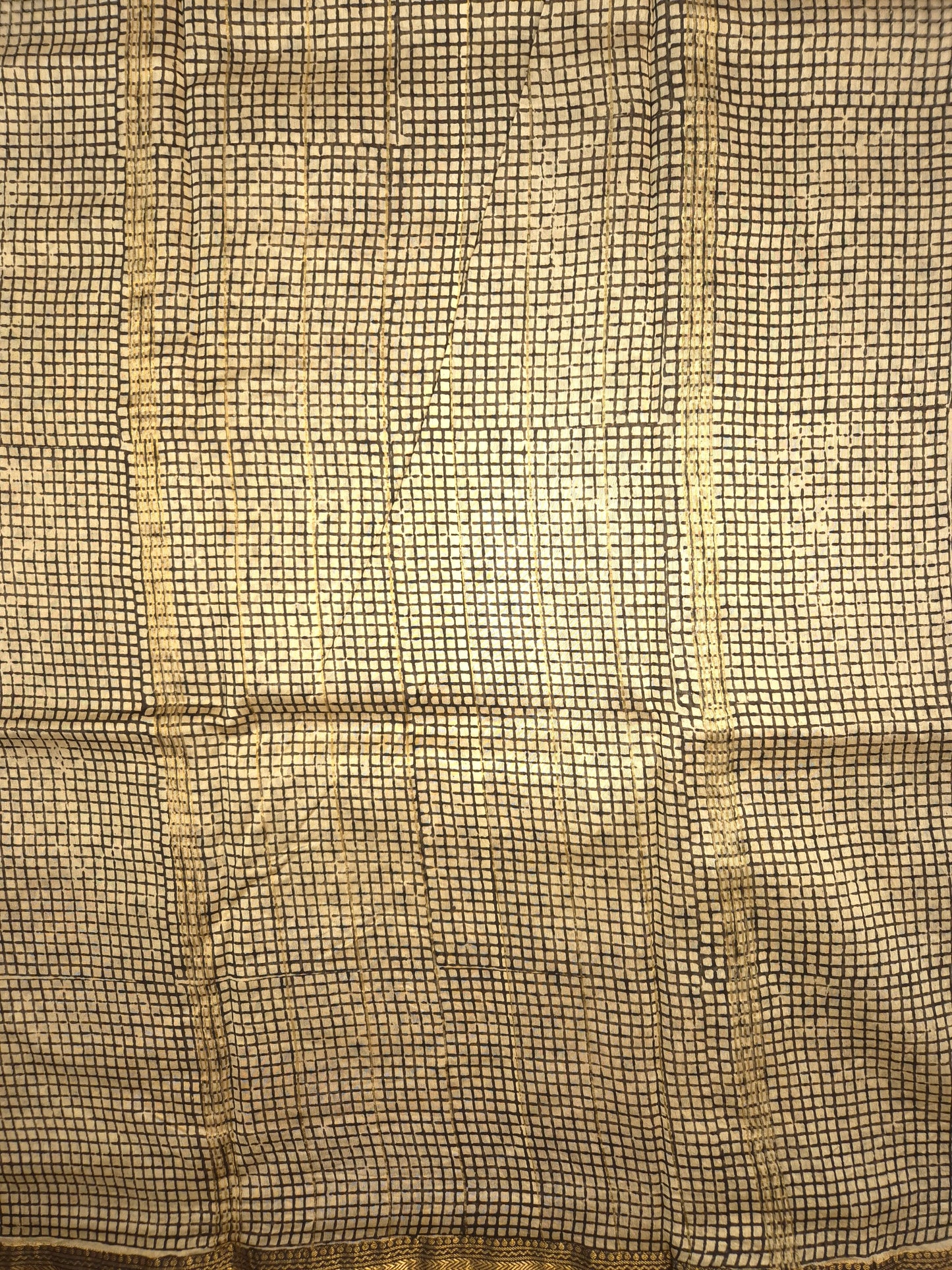 Black Ajrakh Printed Silk Saree with all-over Intricate Motifs and Checkered Border with Golden Zari