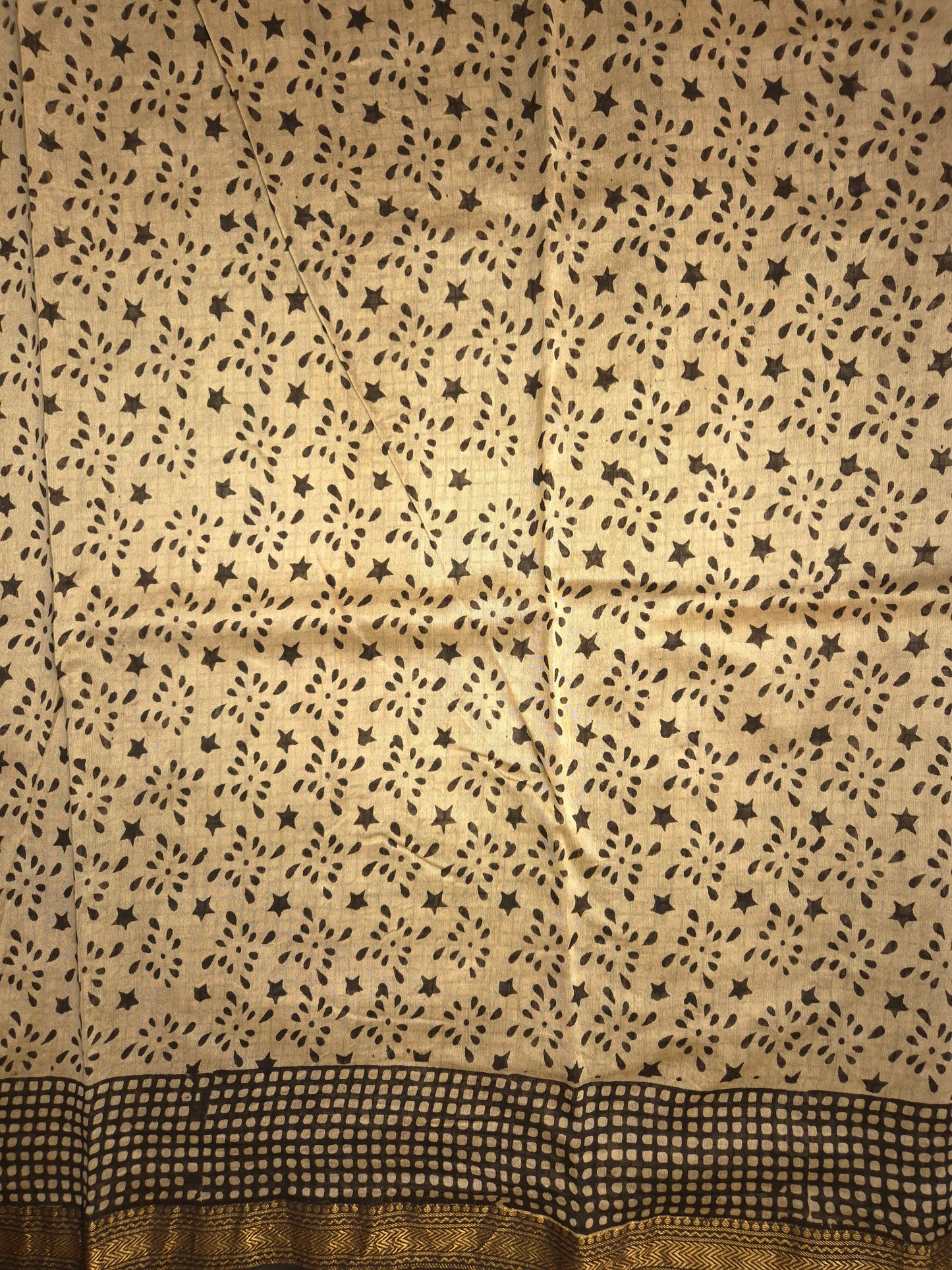 Black Ajrakh Printed Silk Saree with all-over Intricate Motifs and Checkered Border with Golden Zari