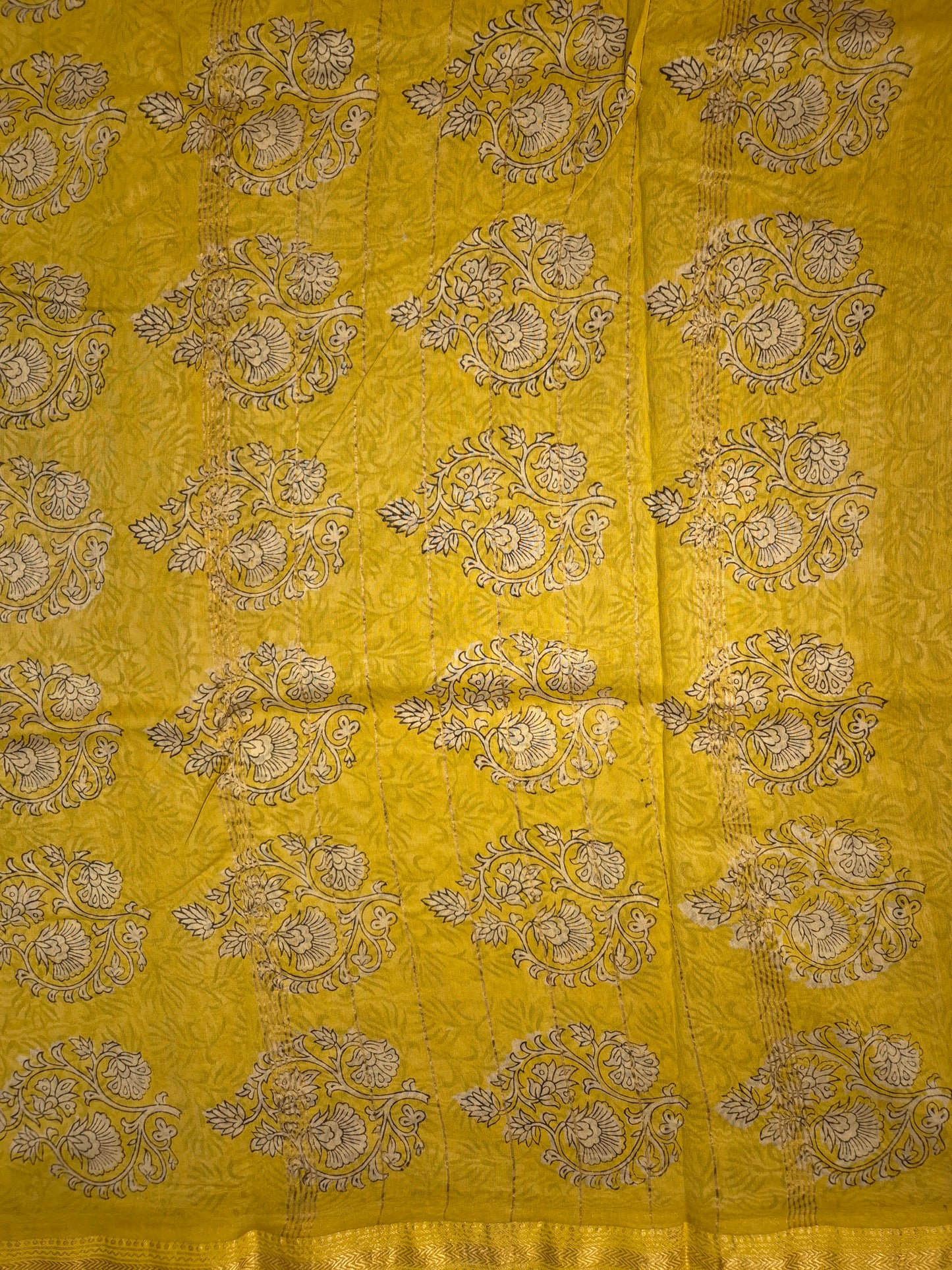 Black Ajrakh Printed Silk Saree with Intricate Design on Broad Yellow Border and Golden Zari