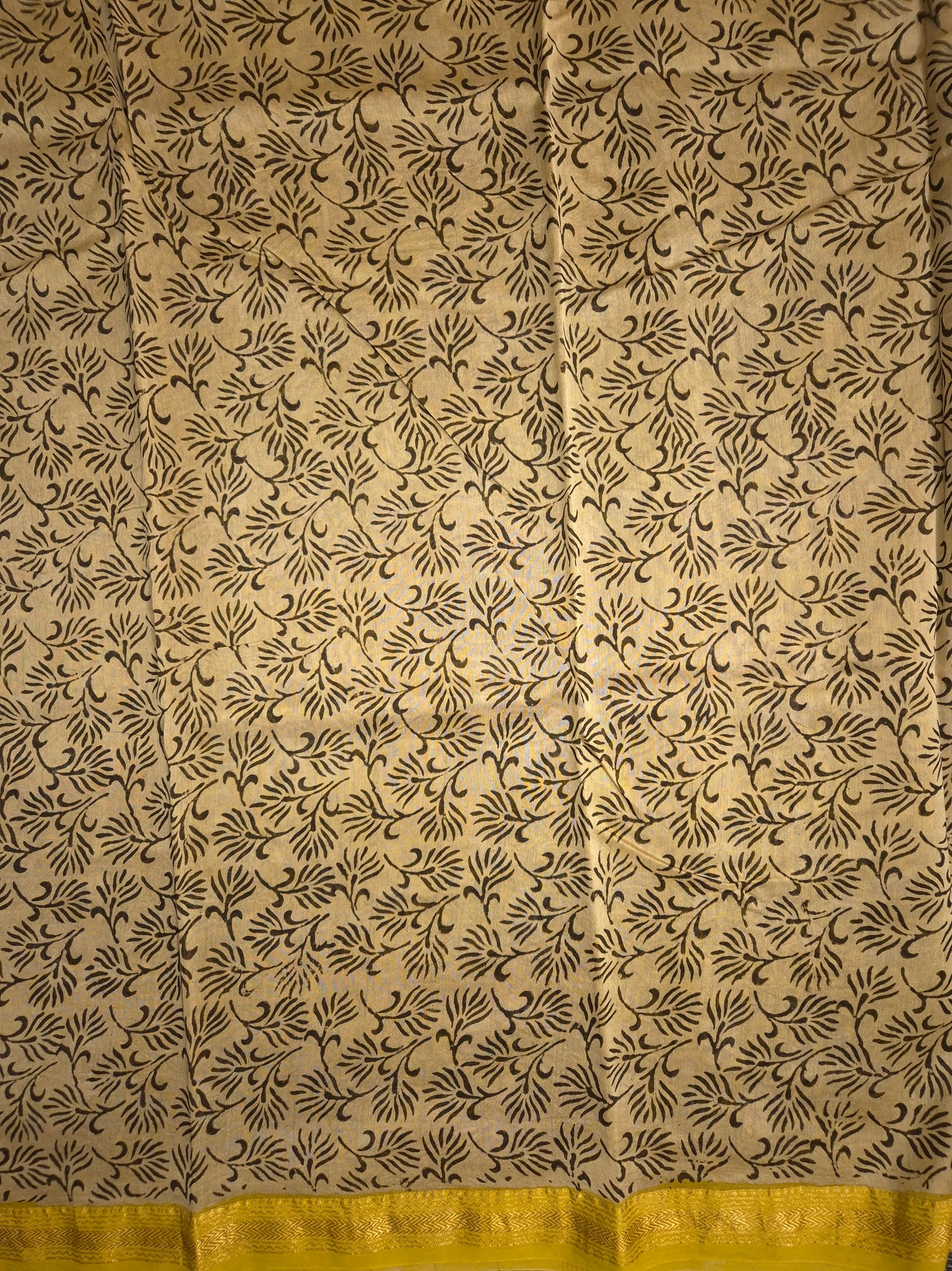 Black Ajrakh Printed Silk Saree with Intricate Design on Broad Yellow Border and Golden Zari