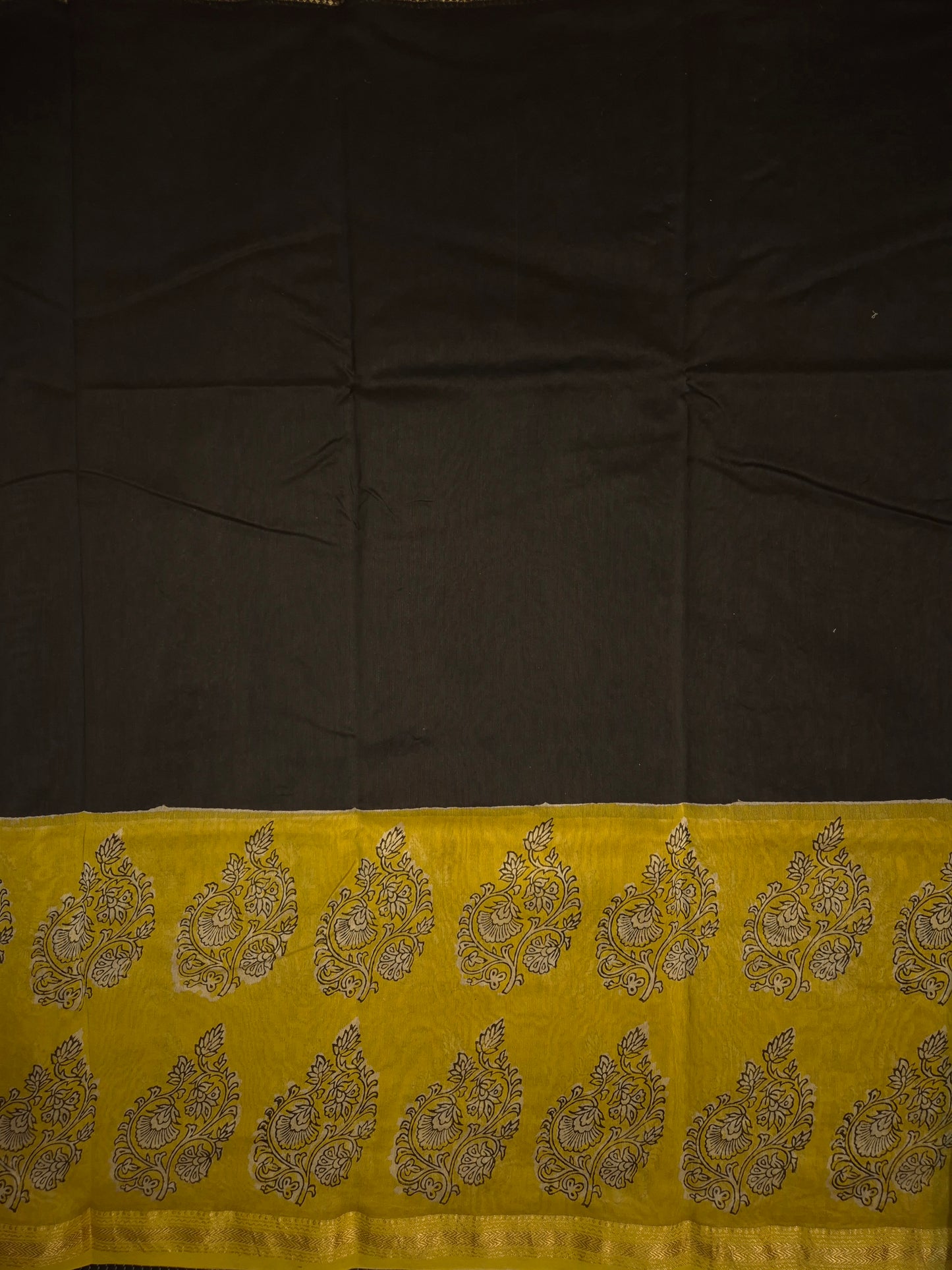 Black Ajrakh Printed Silk Saree with Intricate Design on Broad Yellow Border and Golden Zari