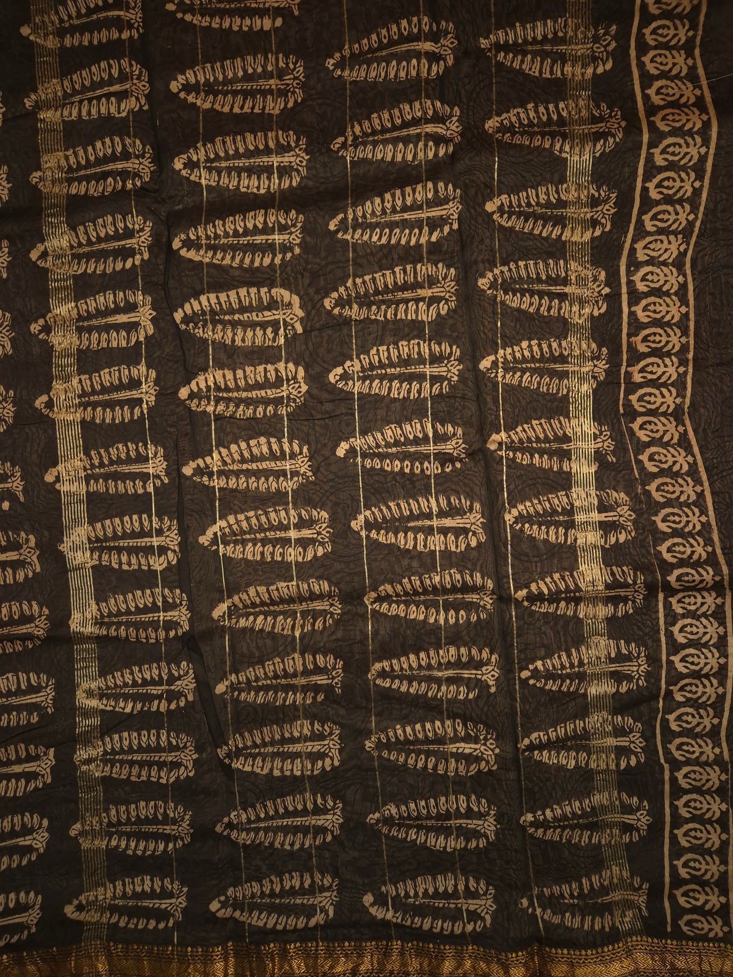 Rust Orange Ajrakh Printed Silk Saree with Intricate Leaf Motifs on Broad Black Border and Golden Zari