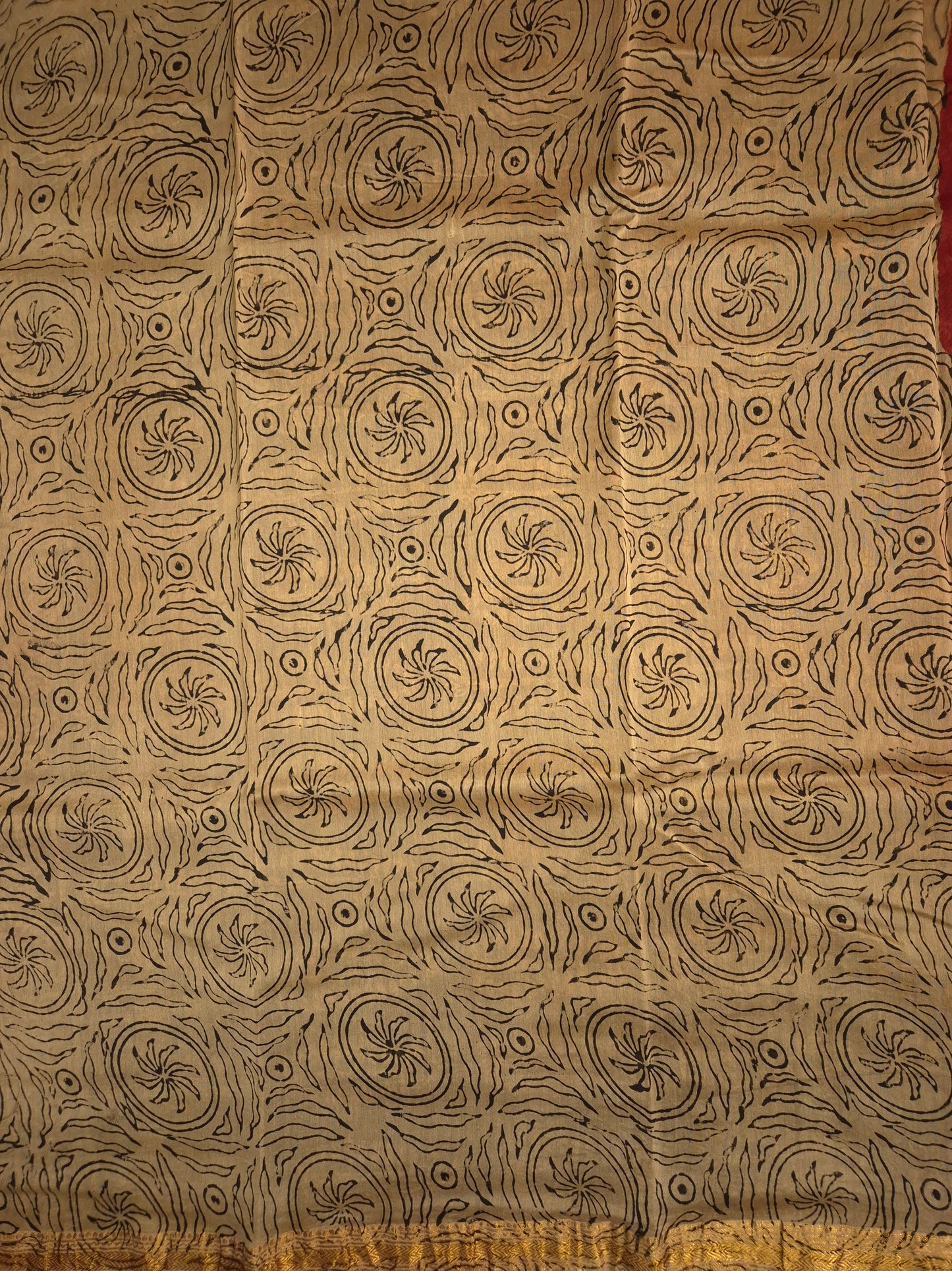 Rust Orange Ajrakh Printed Silk Saree with Intricate Leaf Motifs on Broad Black Border and Golden Zari