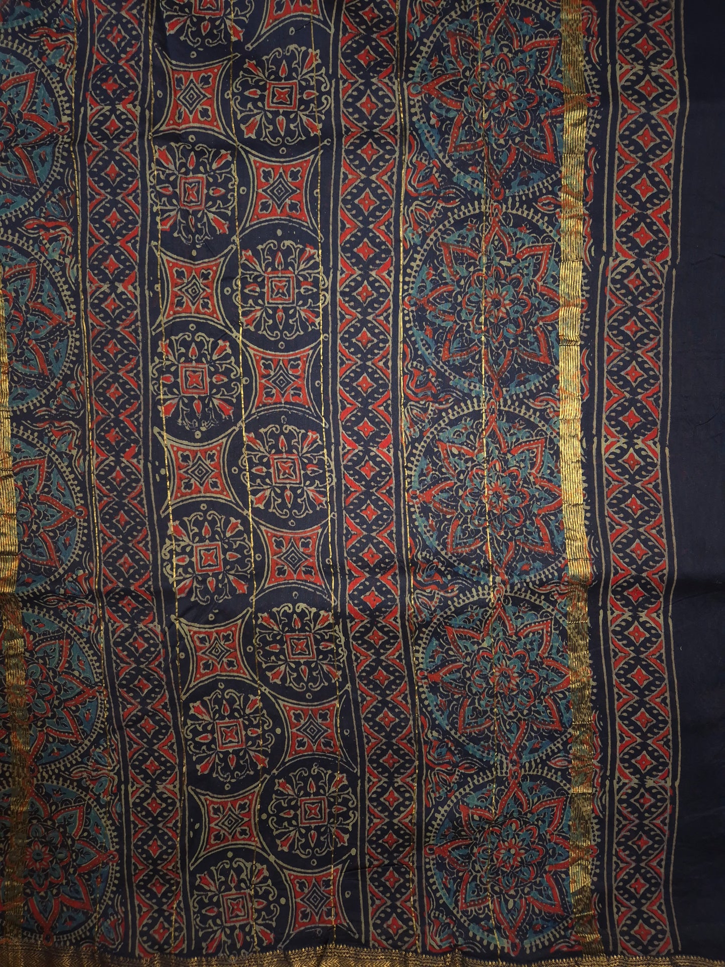 Navy Blue Striped Ajrakh Printed Silk Saree with Intricate Floral Broad Border and Golden Zari