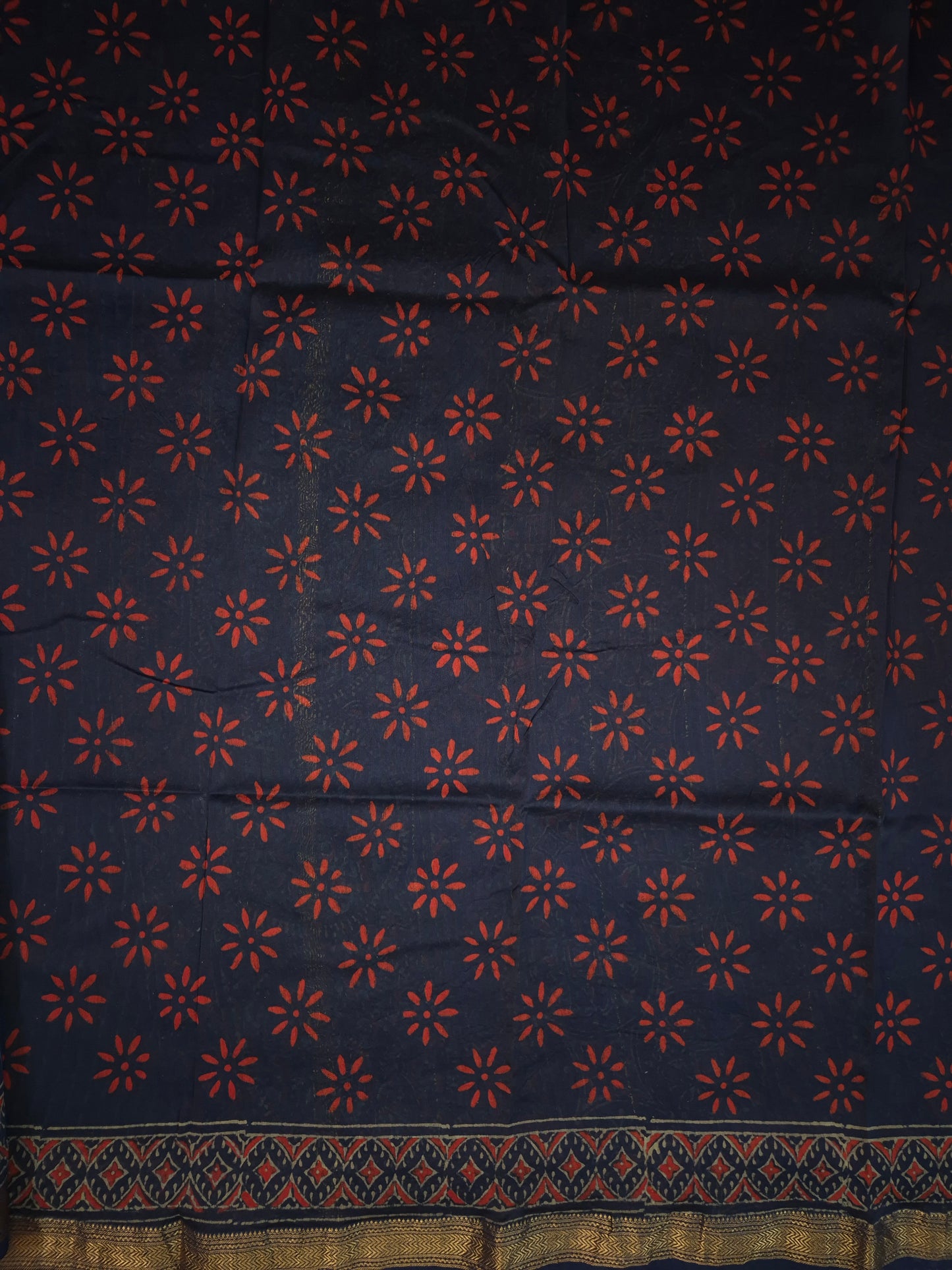 Navy Blue Striped Ajrakh Printed Silk Saree with Intricate Floral Broad Border and Golden Zari