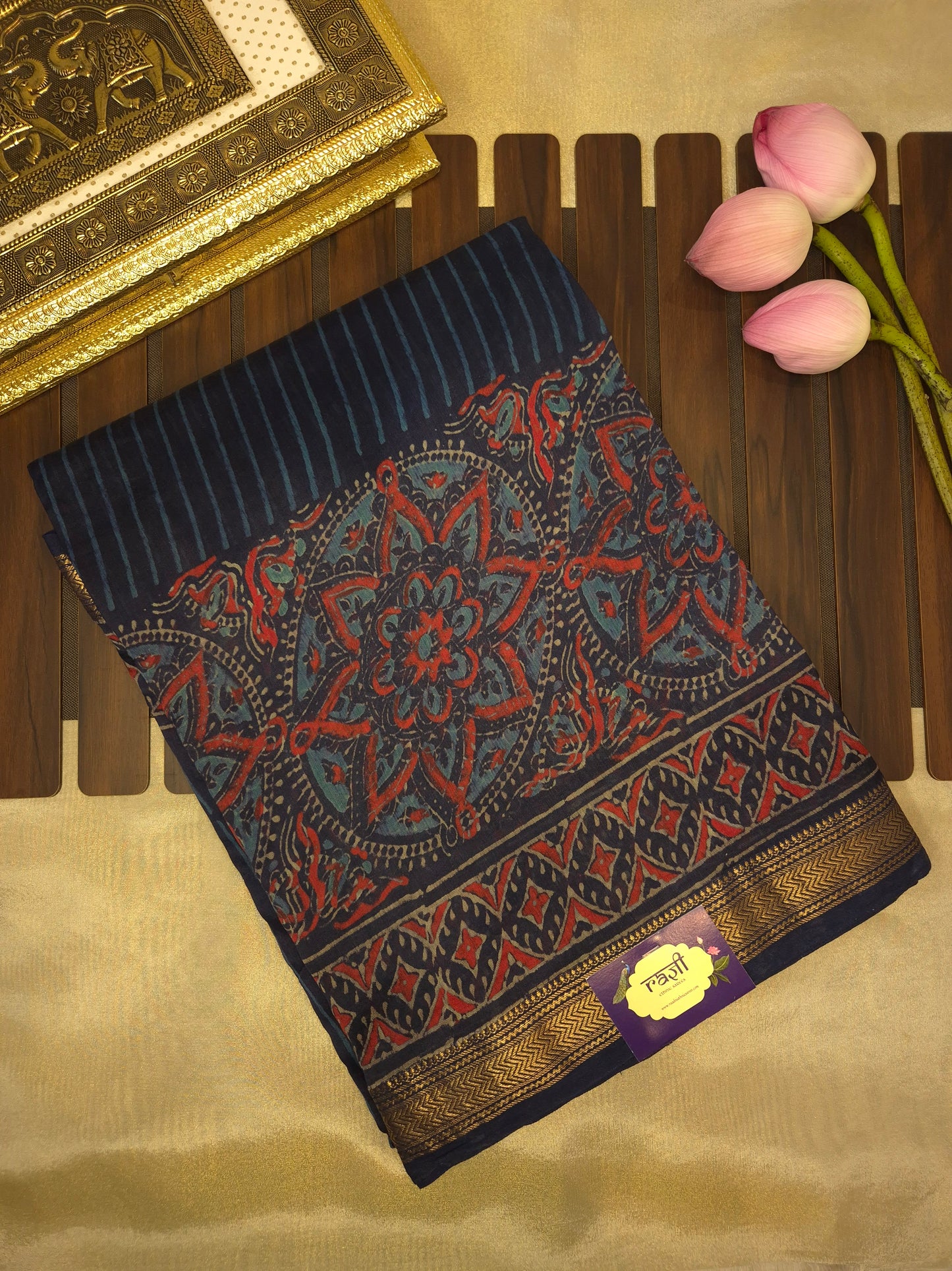 Navy Blue Striped Ajrakh Printed Silk Saree with Intricate Floral Broad Border and Golden Zari