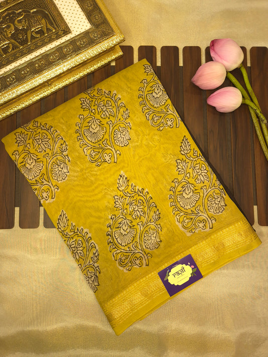 Black Ajrakh Printed Silk Saree with Intricate Design on Broad Yellow Border and Golden Zari