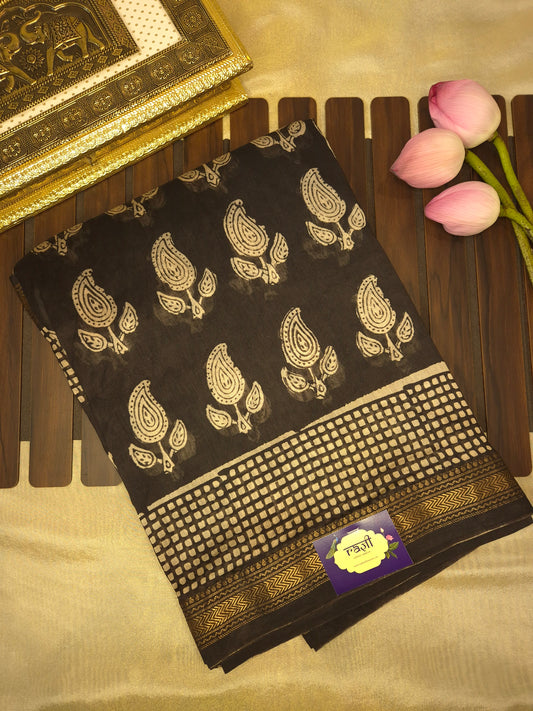 Black Ajrakh Printed Silk Saree with all-over Intricate Motifs and Checkered Border with Golden Zari