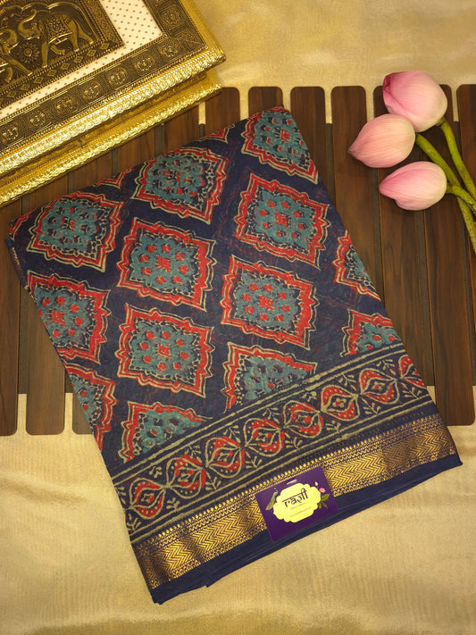 Navy Blue Ajrakh Printed Silk Saree with all-over Intricate Design with Golden Zari