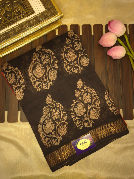 Rust Orange Ajrakh Printed Silk Saree with Intricate Design on Broad Black Border and Golden Zari
