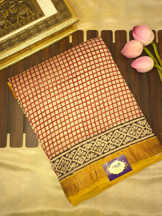 Ajrakh Printed Silk Saree with red checkered pattern allover and small intricate golden Zari Border
