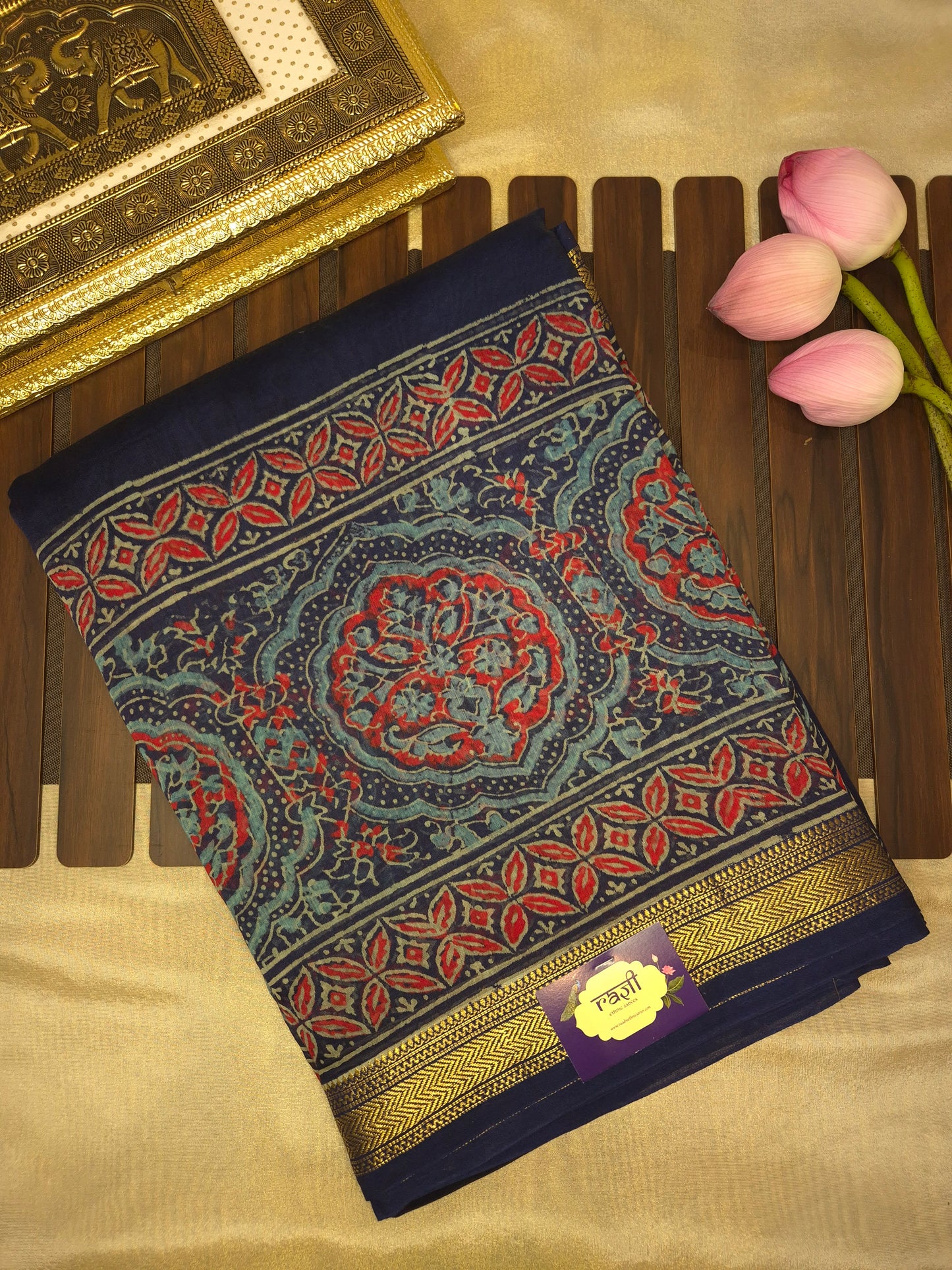 Navy Blue Ajrakh Printed Silk Saree with Intricate Floral Broad Border with Golden Zari