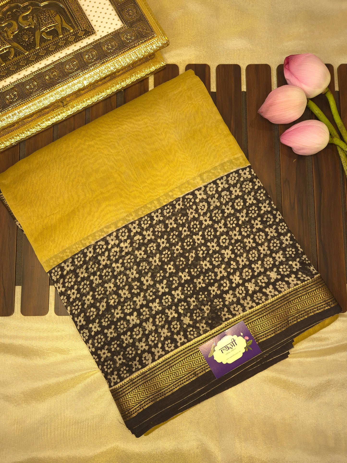 Yellow Ajrakh Printed Silk Saree with Intricate Design on Black Border with Golden Zari