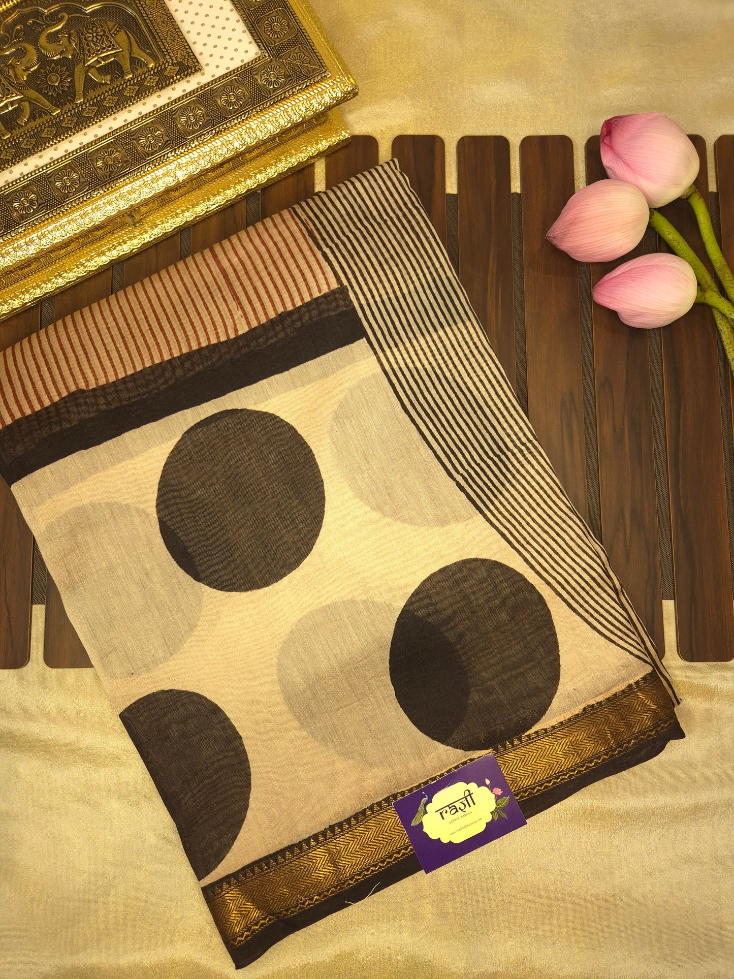 Ajrakh Printed Silk Saree with Polka Dot and Striped pattern allover with Golden Zari Border