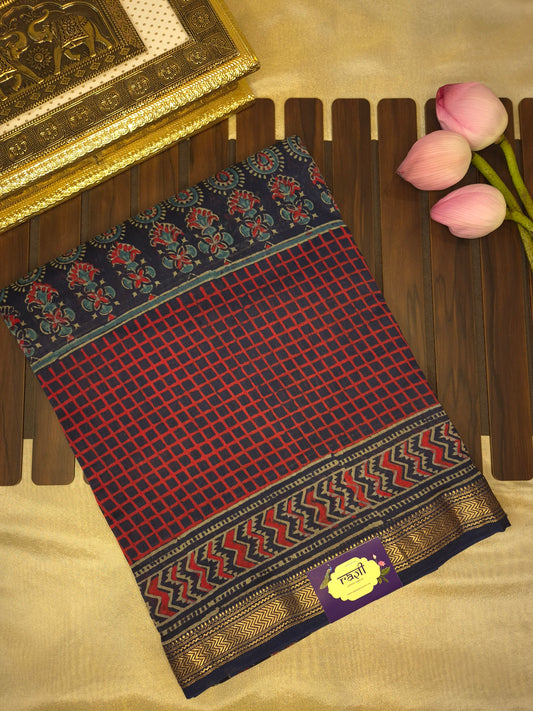 Navy Blue Ajrakh Printed Silk Saree with Intricate Design and Checkered Broad Border with Golden Zari