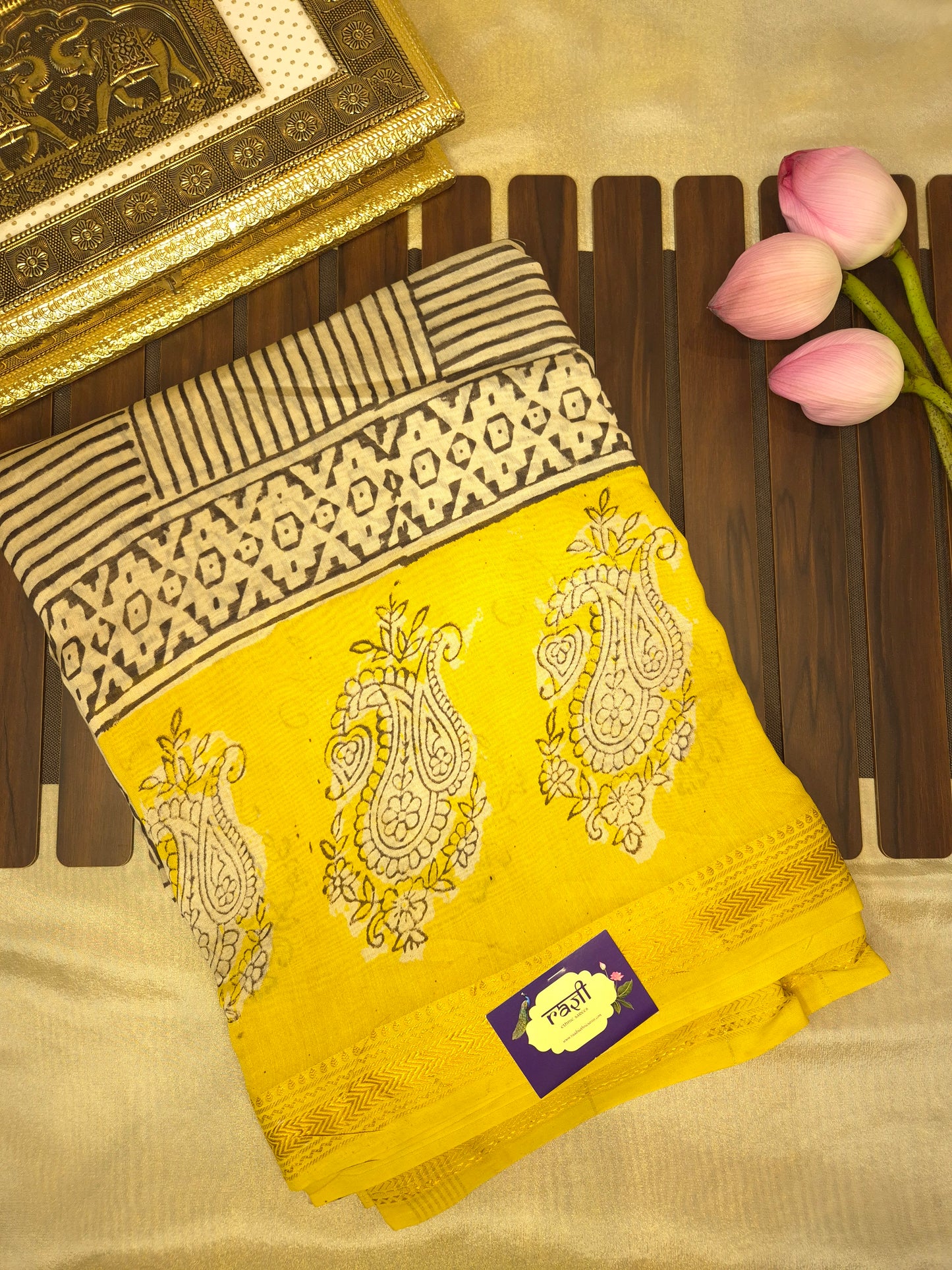 Ajrakh Printed Silk Saree with striped pattern and Broad Yellow Border