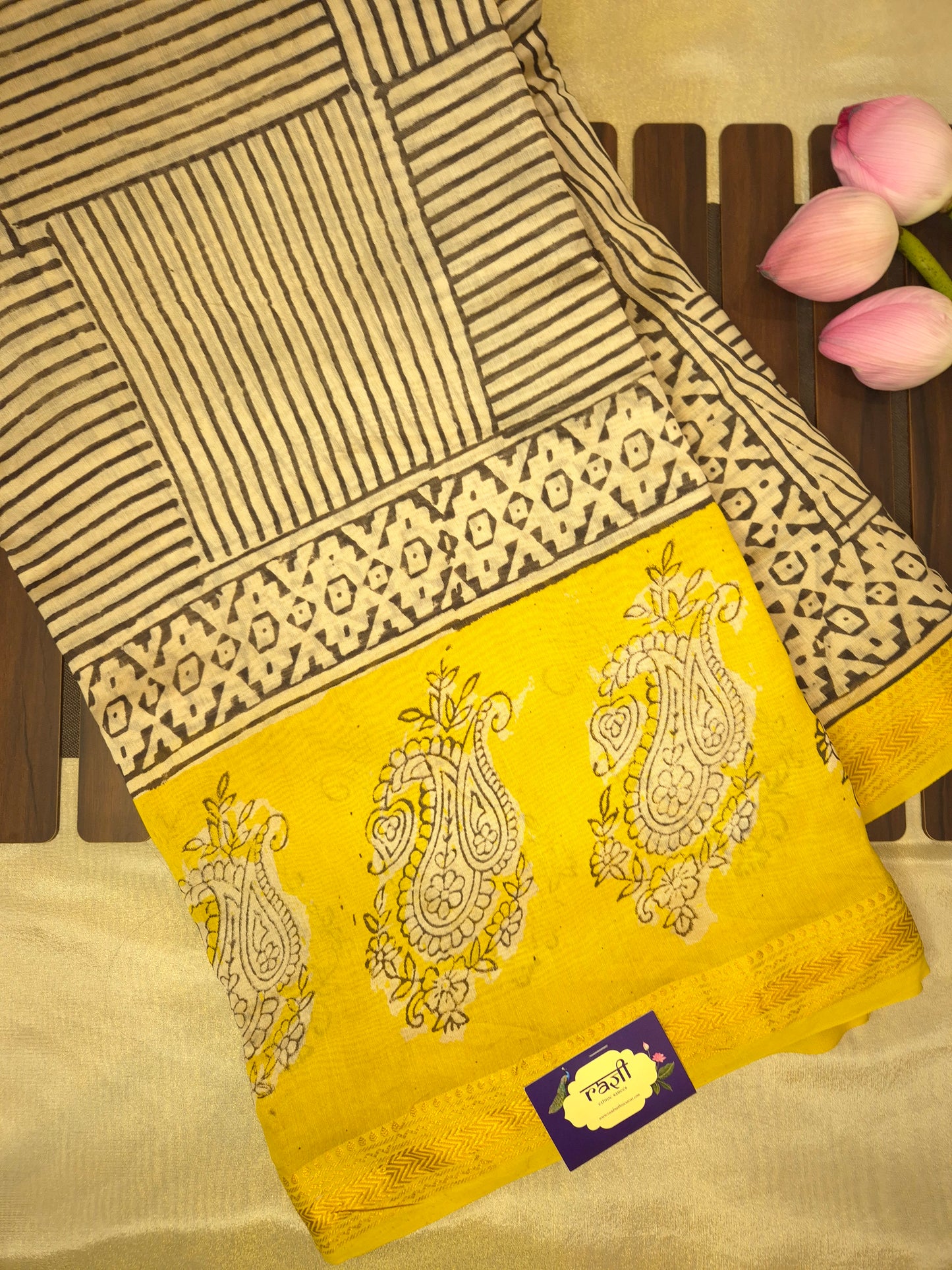 Ajrakh Printed Silk Saree with striped pattern and Broad Yellow Border