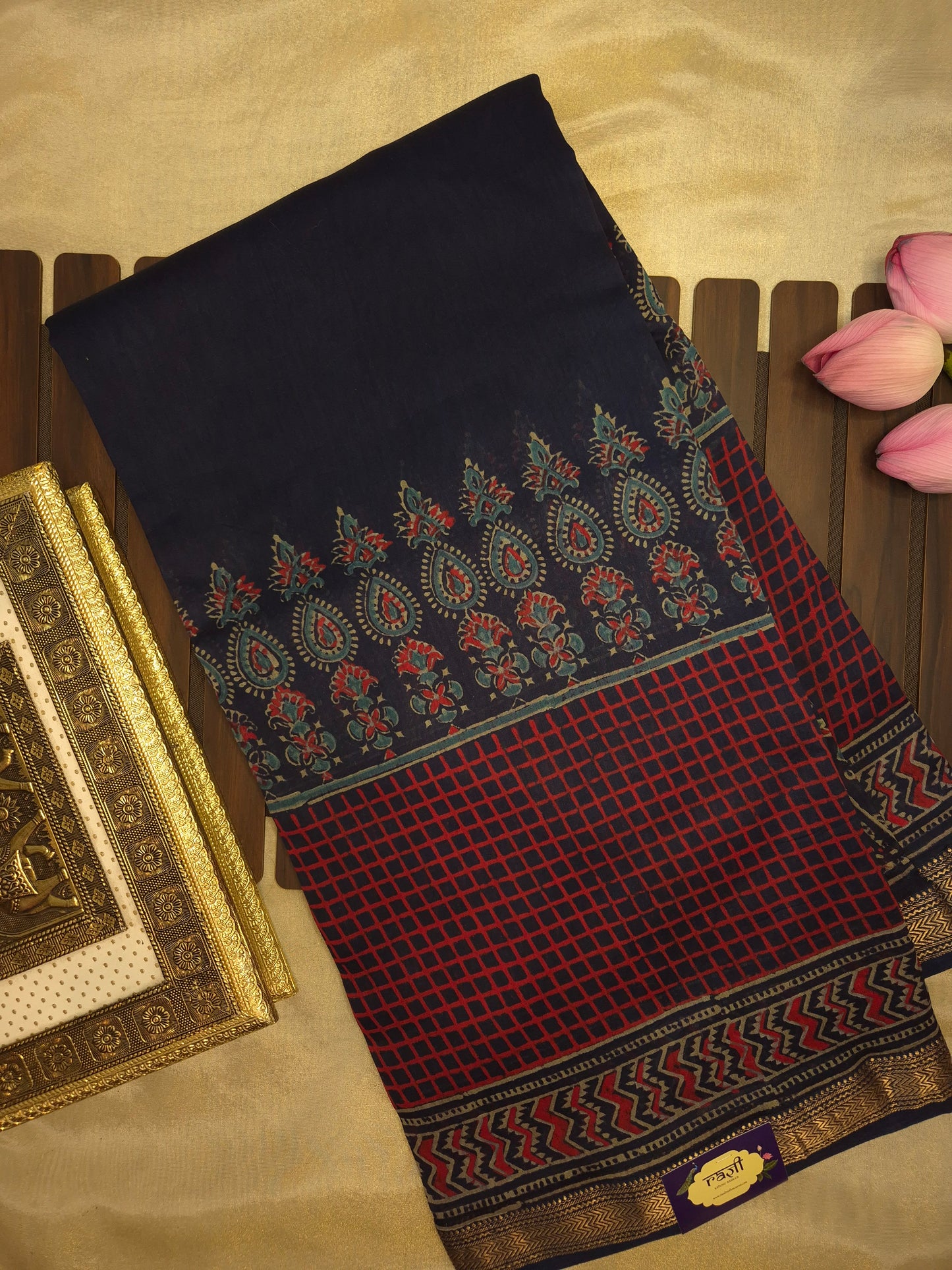 Navy Blue Ajrakh Printed Silk Saree with Intricate Design and Checkered Broad Border with Golden Zari