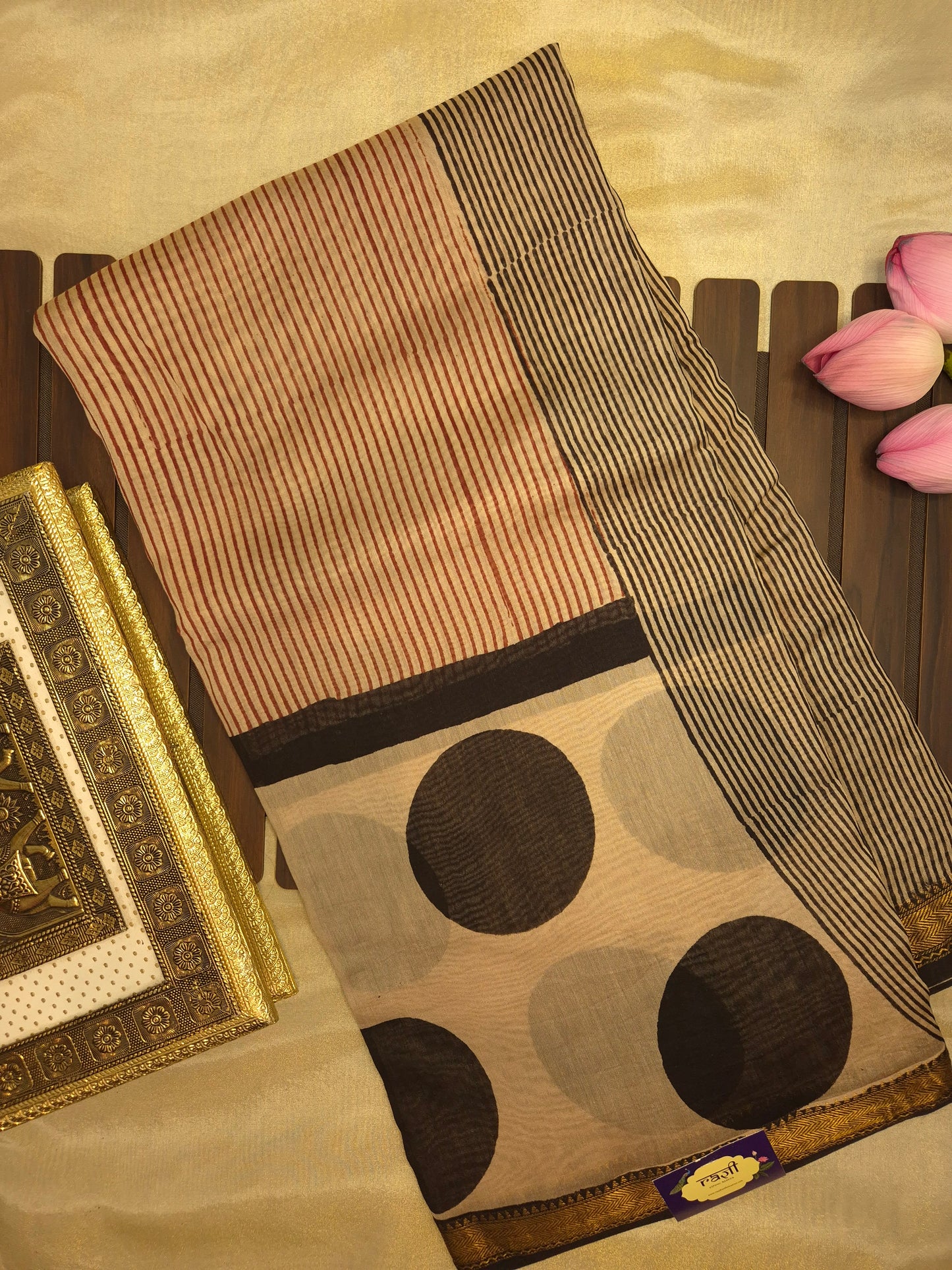 Ajrakh Printed Silk Saree with Polka Dot and Striped pattern allover with Golden Zari Border