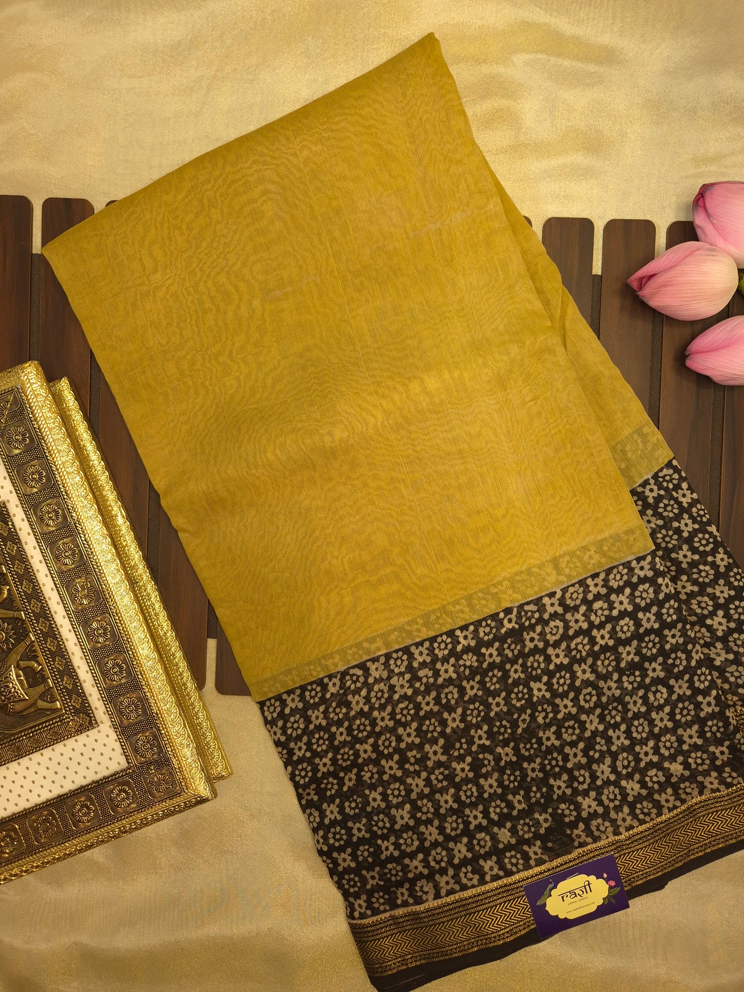 Yellow Ajrakh Printed Silk Saree with Intricate Design on Black Border with Golden Zari