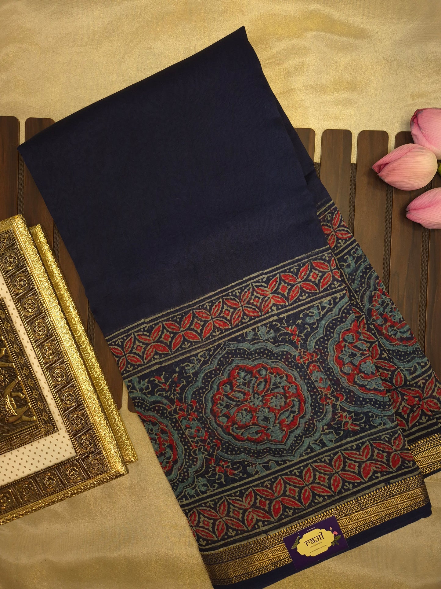 Navy Blue Ajrakh Printed Silk Saree with Intricate Floral Broad Border with Golden Zari