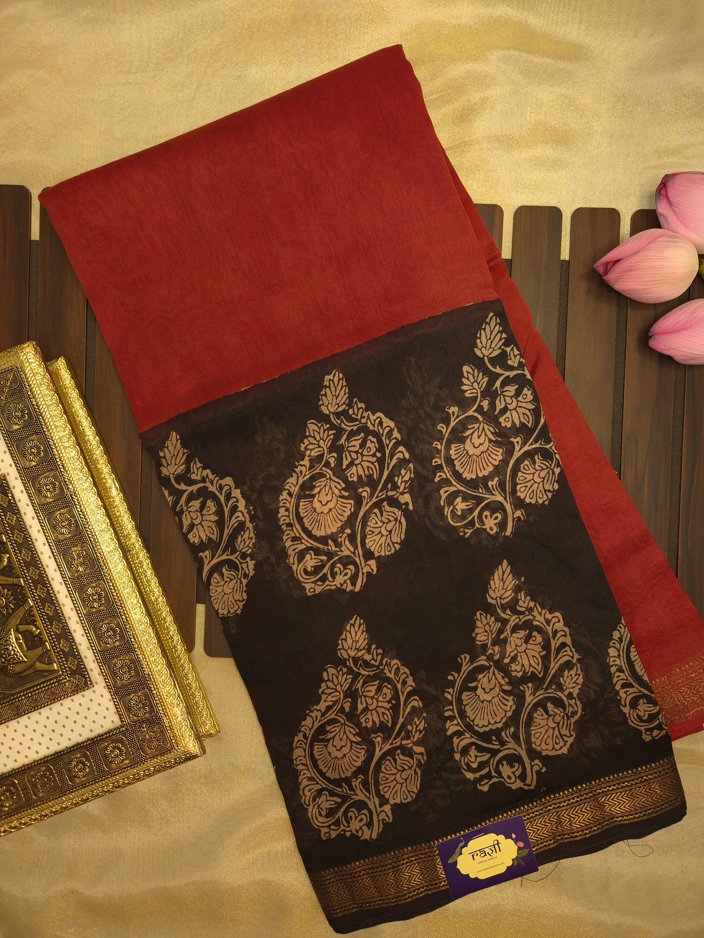 Rust Orange Ajrakh Printed Silk Saree with Intricate Design on Broad Black Border and Golden Zari