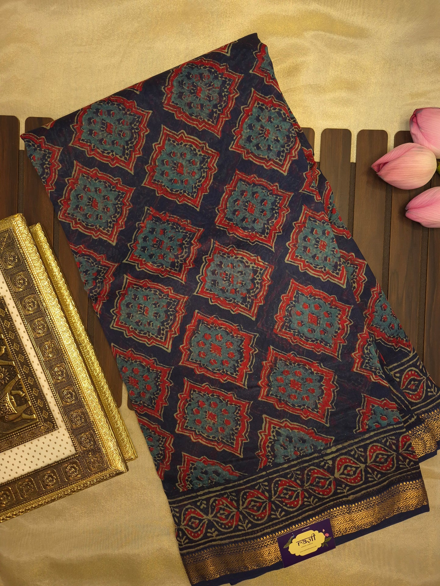 Navy Blue Ajrakh Printed Silk Saree with all-over Intricate Design with Golden Zari