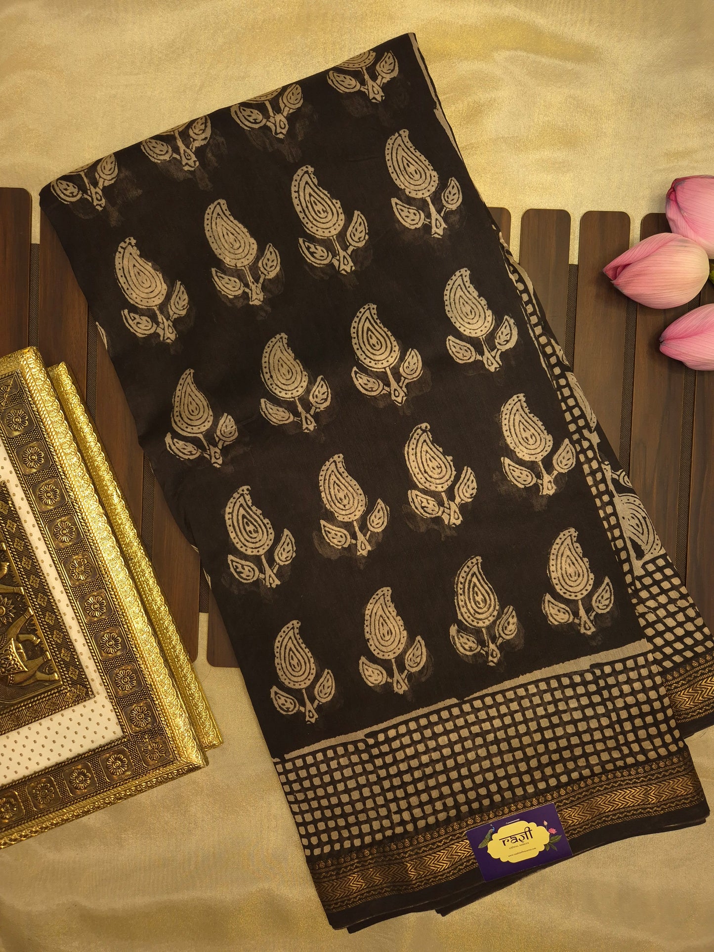 Black Ajrakh Printed Silk Saree with all-over Intricate Motifs and Checkered Border with Golden Zari