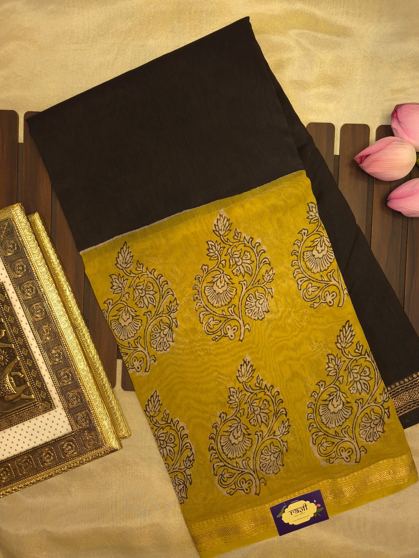 Black Ajrakh Printed Silk Saree with Intricate Design on Broad Yellow Border and Golden Zari