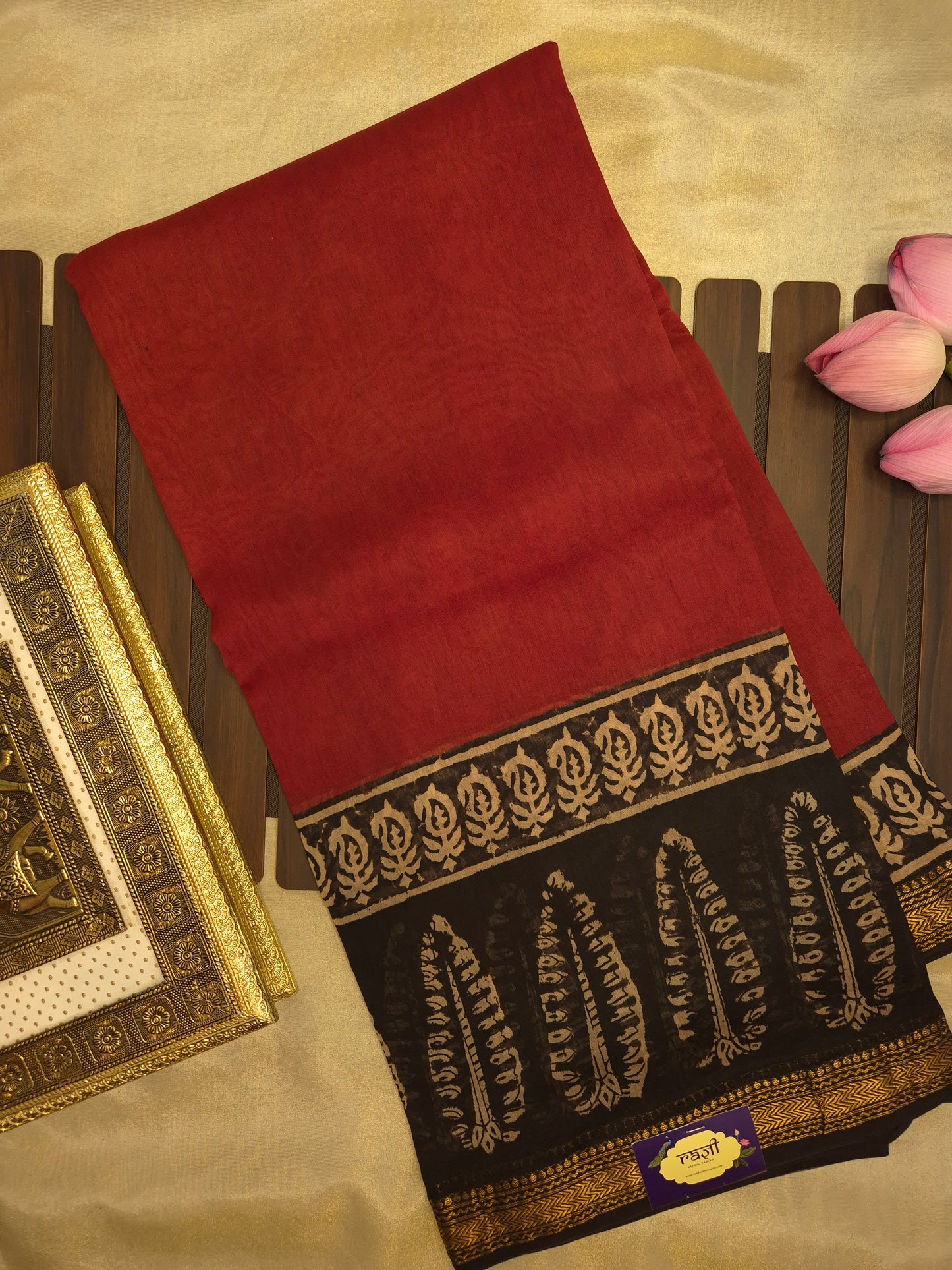 Rust Orange Ajrakh Printed Silk Saree with Intricate Leaf Motifs on Broad Black Border and Golden Zari