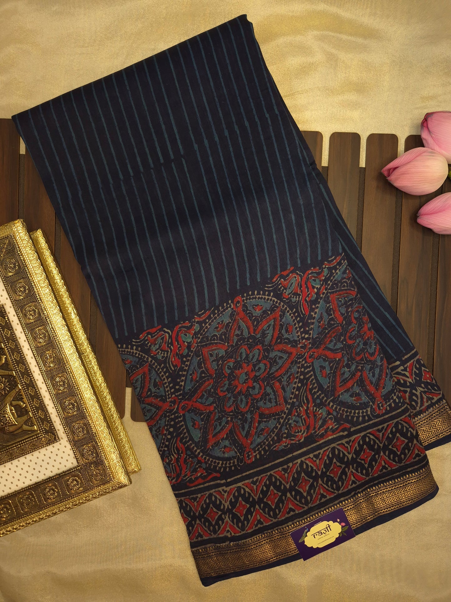 Navy Blue Striped Ajrakh Printed Silk Saree with Intricate Floral Broad Border and Golden Zari