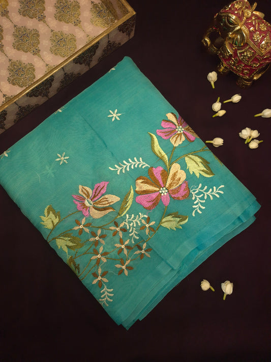 Turquoise Blue Banarasi Embroidery Tissue Saree