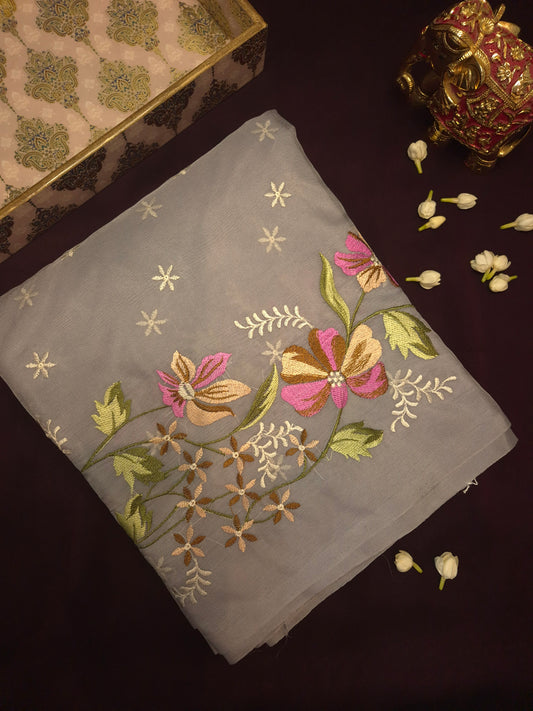 Grey Banarasi Embroidery Tissue Saree