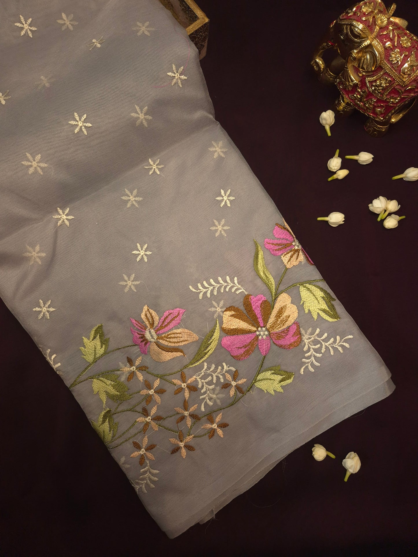 Grey Banarasi Embroidery Tissue Saree