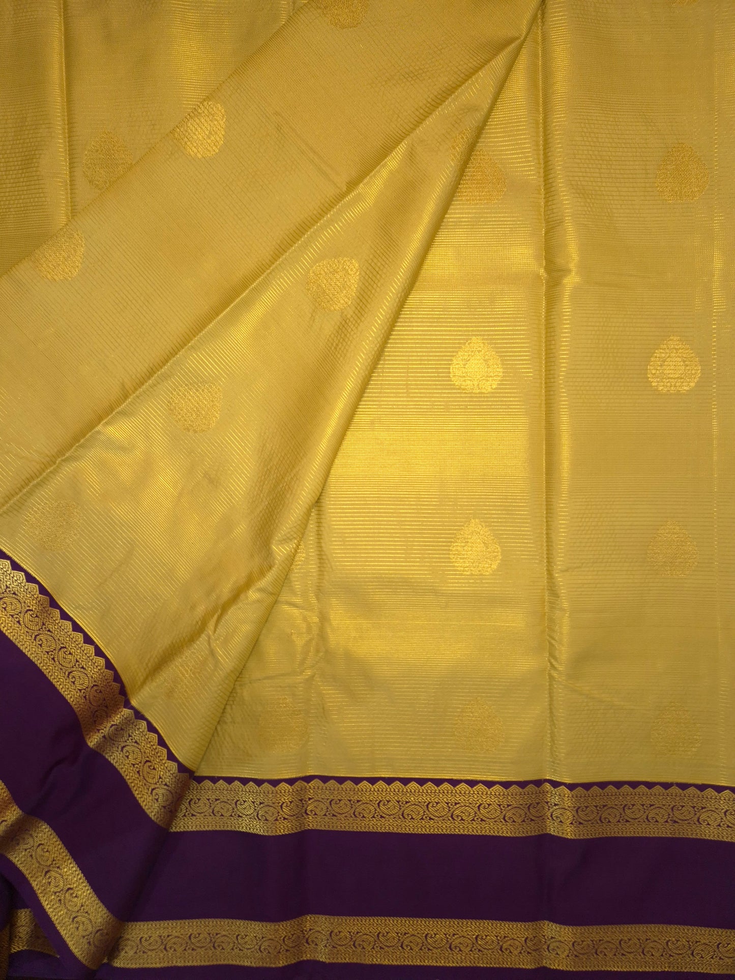 Golden Kanchipuram Semi Silk Saree with Purple Border