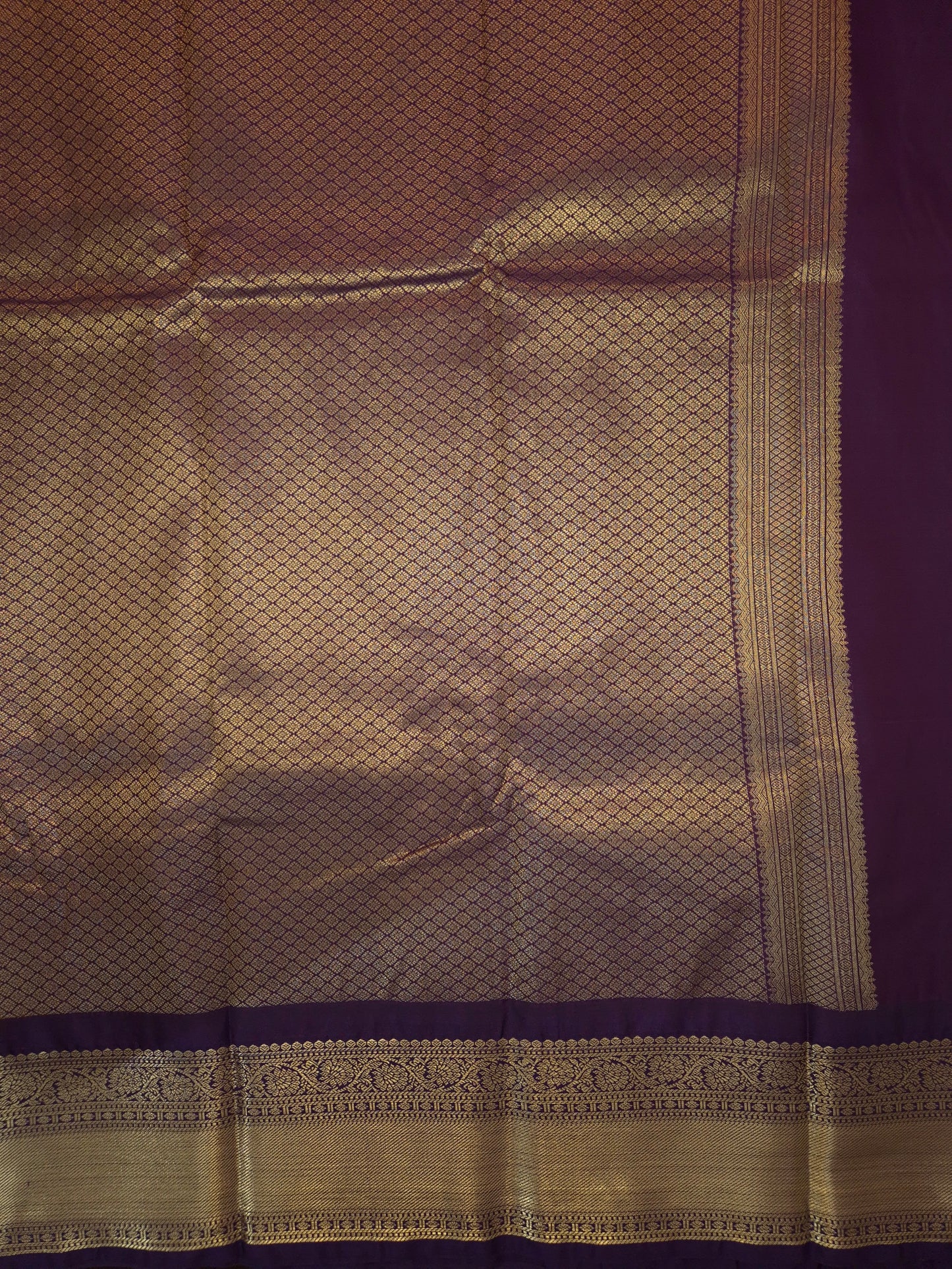 Yellow Checkered Kanchipuram Semi Silk Saree with Purple Border