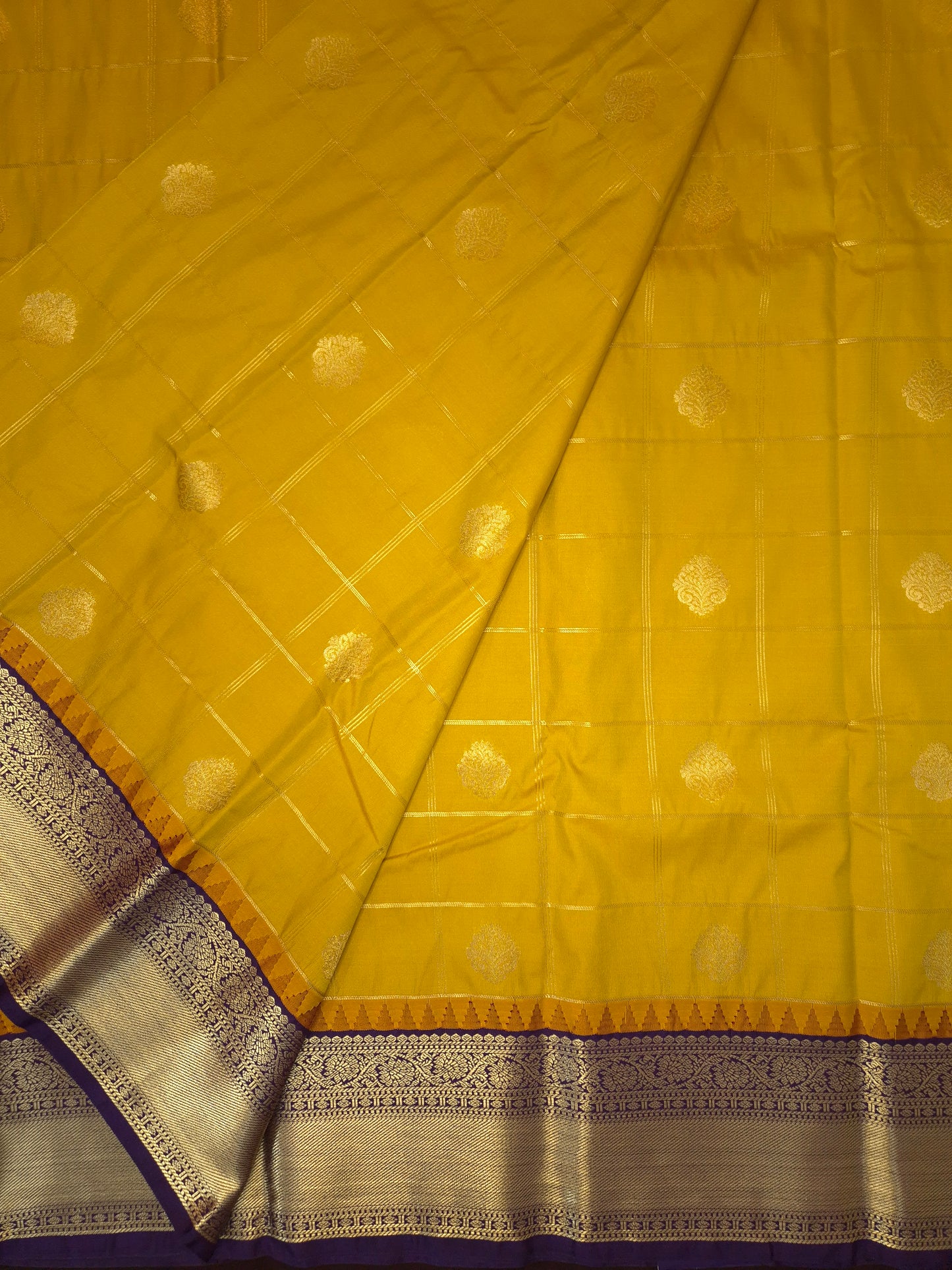 Yellow Checkered Kanchipuram Semi Silk Saree with Purple Border