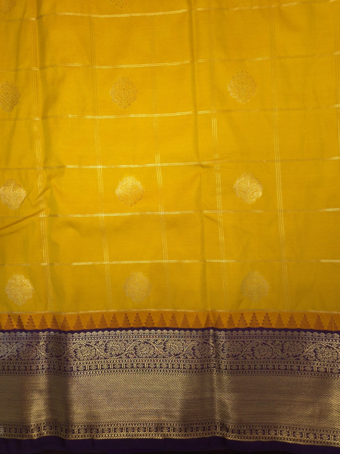 Yellow Checkered Kanchipuram Semi Silk Saree with Purple Border