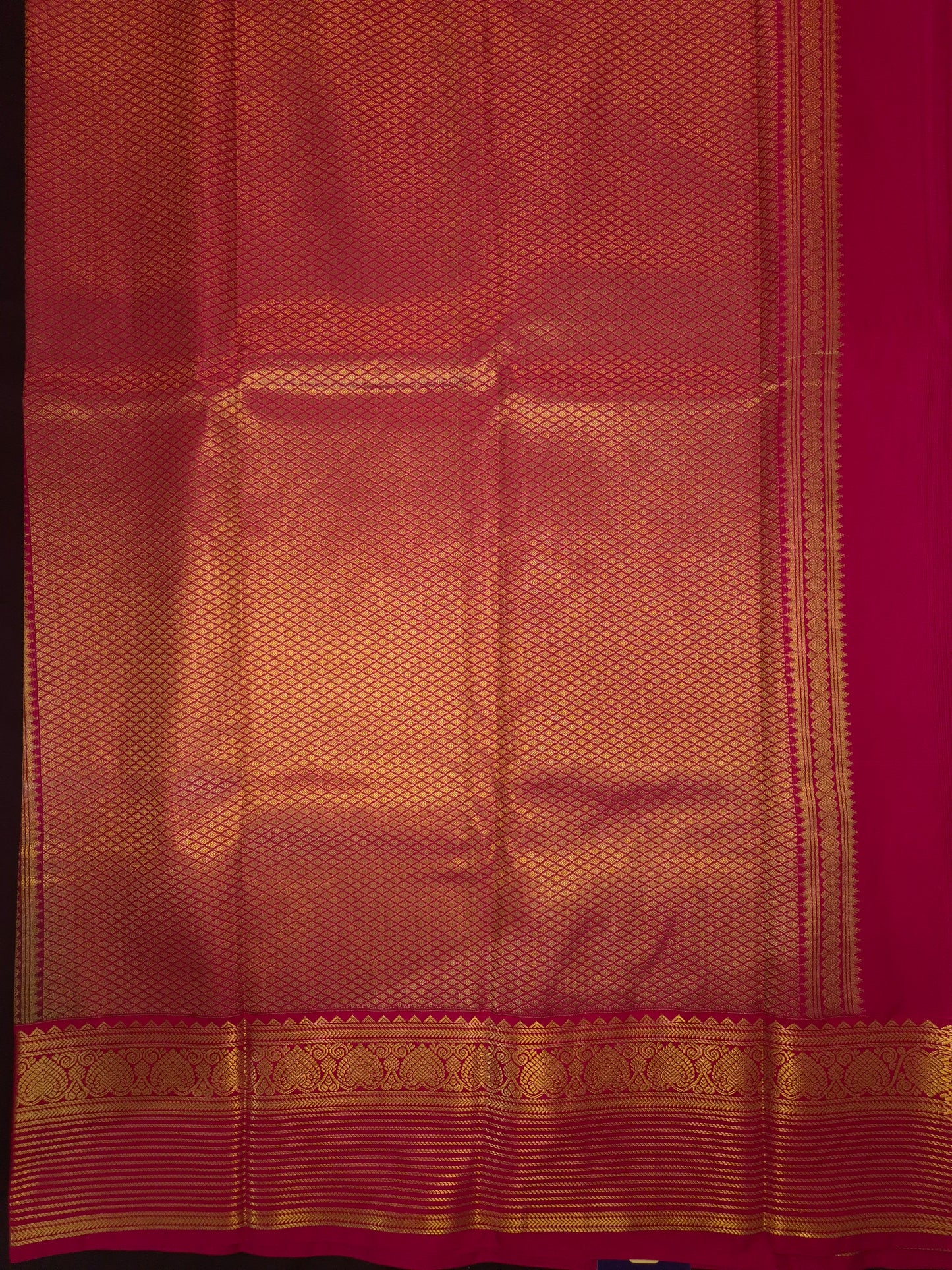 Dark Green Kanchipuram Semi Silk Saree with Checks allover with Dark Pink Border