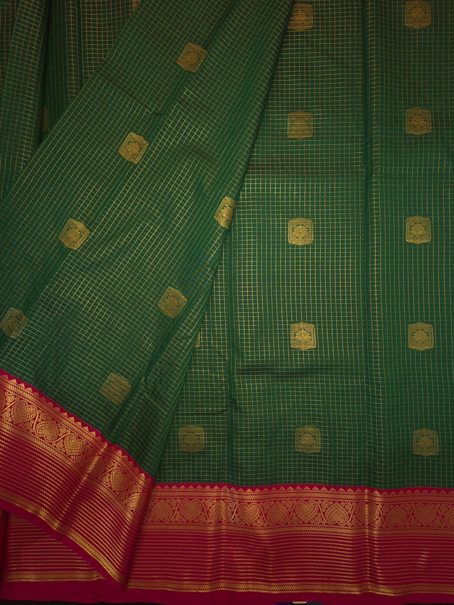 Dark Green Kanchipuram Semi Silk Saree with Checks allover with Dark Pink Border